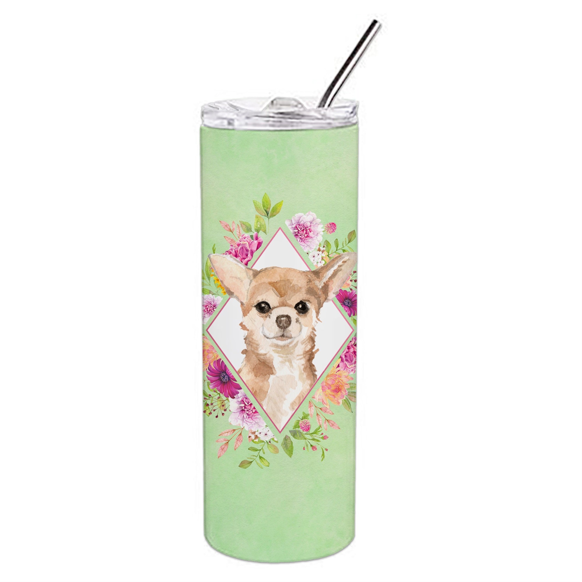 Caroline'S Treasures Chihuahua Green Flowers Double Walled Stainless Steel 20 Oz Skinny Travel-Insulated-Tumblers, Multicolor,