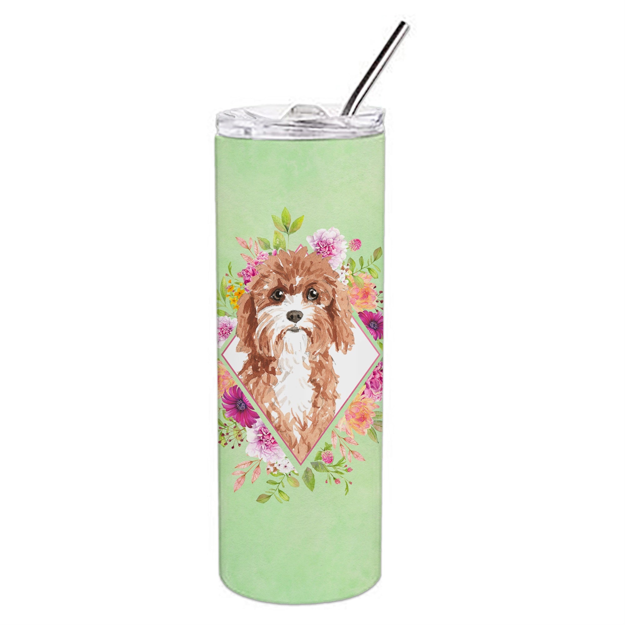 Caroline'S Treasures Cavapoo Green Flowers Double Walled Stainless Steel 20 Oz Skinny Travel-Insulated-Tumblers, Multicolor