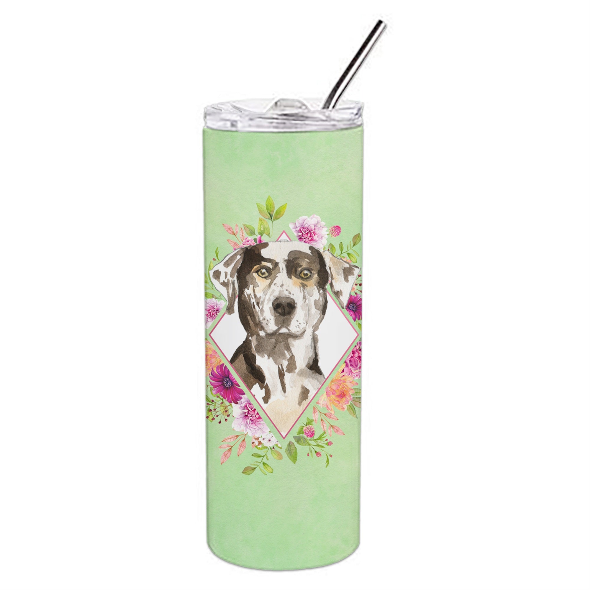 Caroline'S Treasures Catahoula Leopard Dog Green Flowers Stainless Steel 20 Oz Skinny Travel-Insulated-Tumblers, Multicolor
