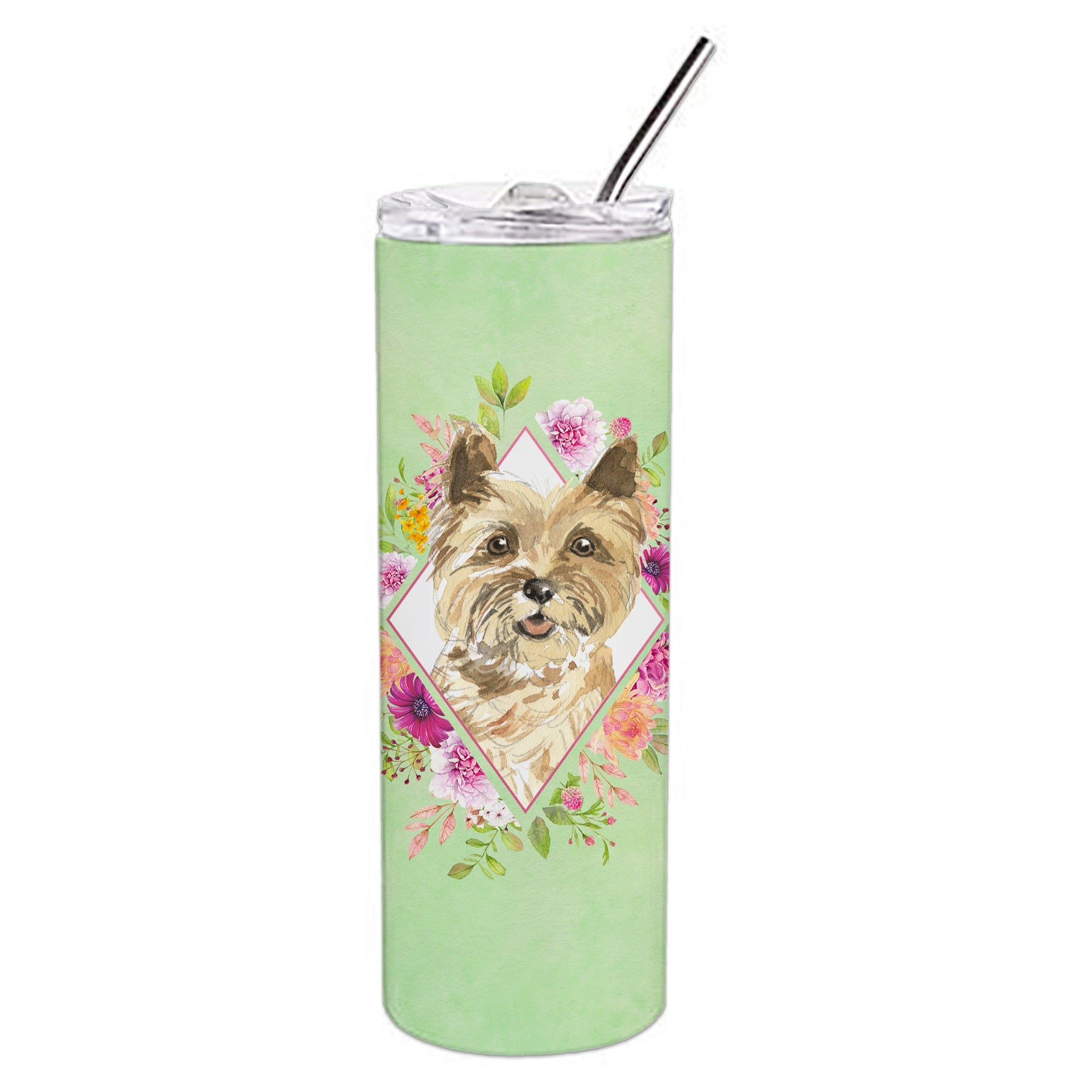 Caroline'S Treasures Cairn Terrier Green Flowers Double Walled Stainless Steel 20 Oz Skinny Travel-Insulated-Tumblers, Multico