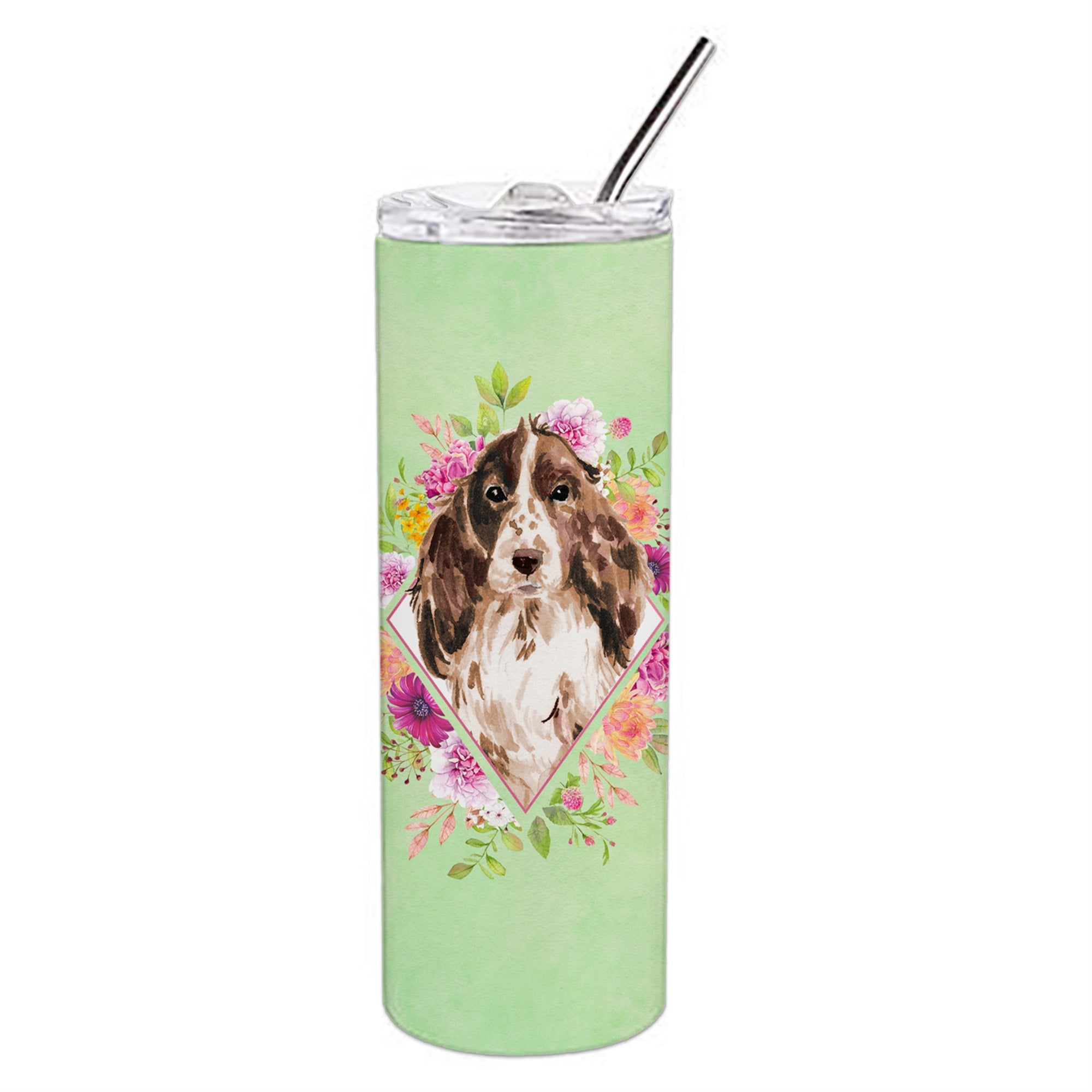 Caroline'S Treasures Brown Parti Cocker Spaniel Green Flowers Stainless Steel 20 Oz Skinny Travel-Insulated-Tumblers, Multicol