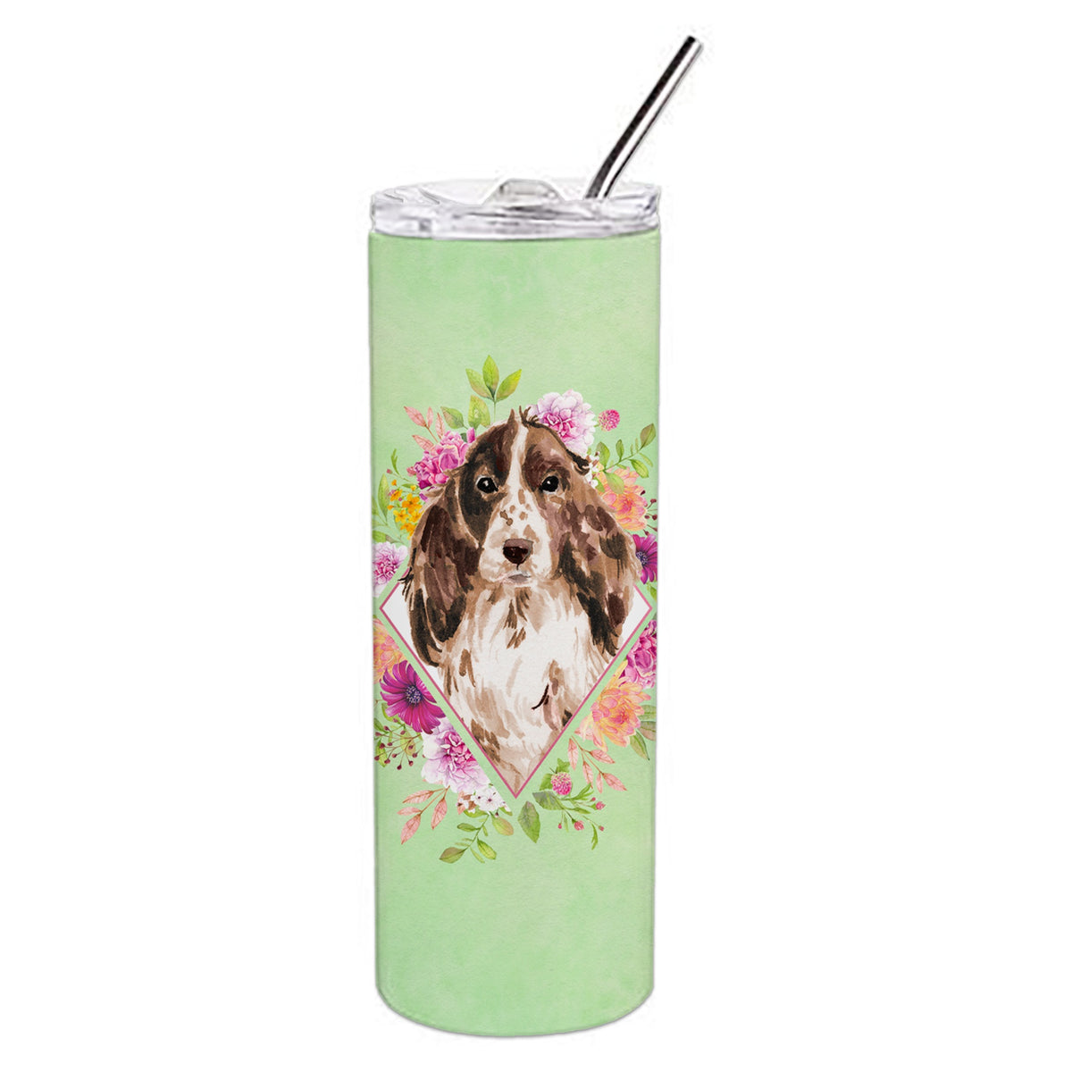 Caroline'S Treasures Brown Parti Cocker Spaniel Green Flowers Stainless Steel 20 Oz Skinny Travel-Insulated-Tumblers, Multicol