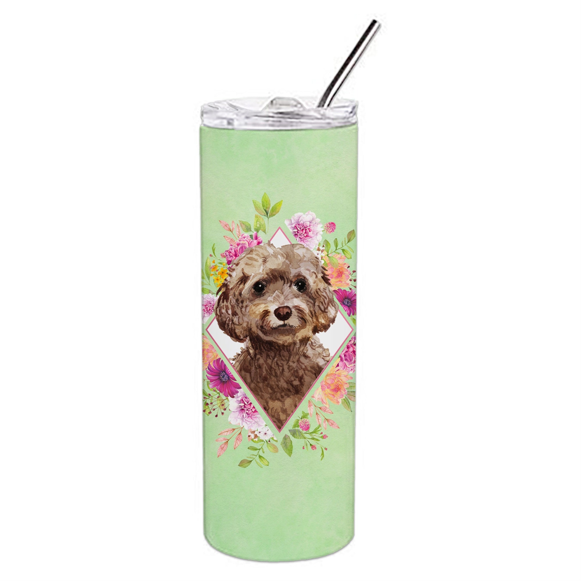 Caroline'S Treasures Chocolate Cockapoo Green Flowers Double Walled Stainless Steel 20 Oz Skinny Travel-Insulated-Tumblers, Mu