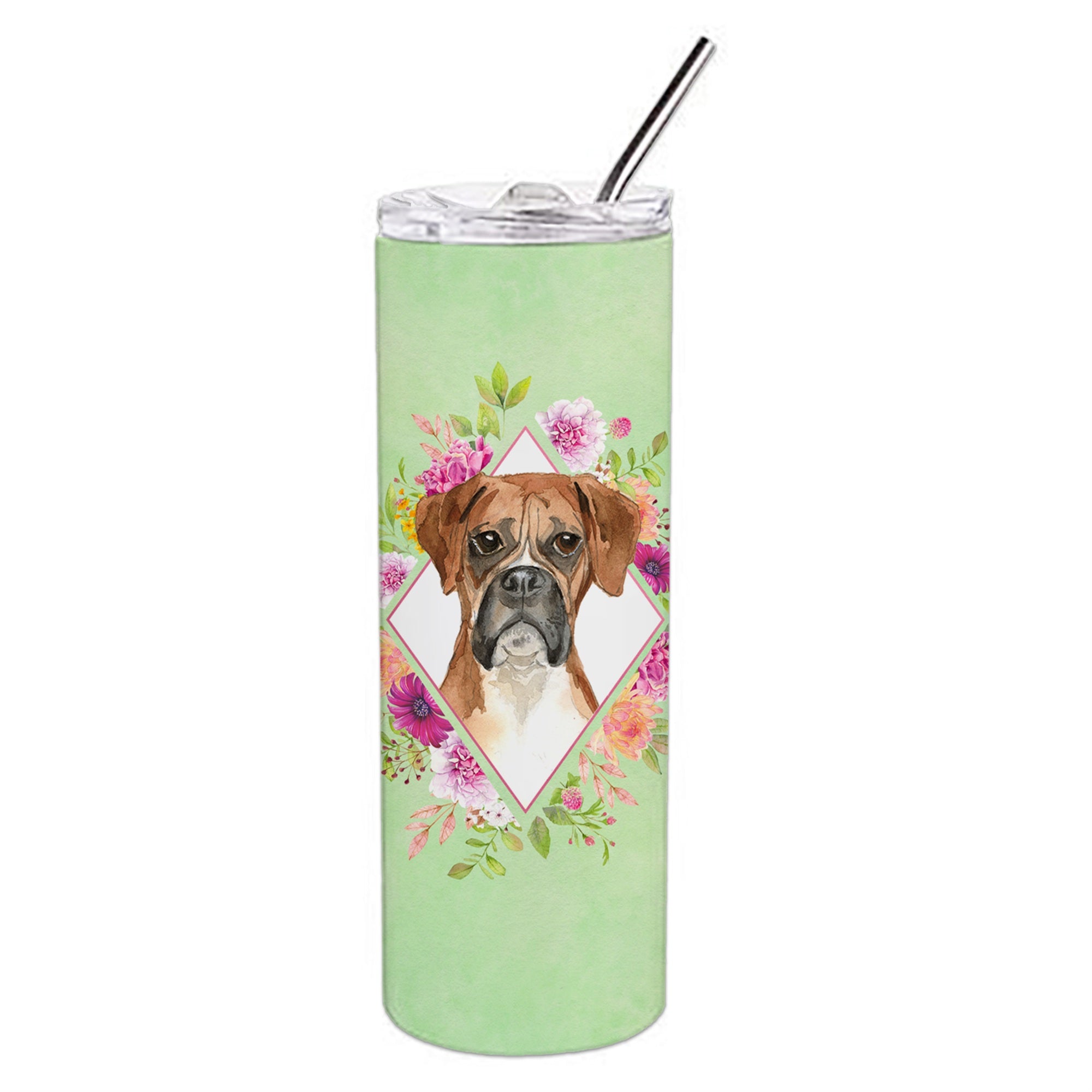 Caroline'S Treasures Boxer Green Flowers Double Walled Stainless Steel 20 Oz Skinny Travel-Insulated-Tumblers, Multicolor