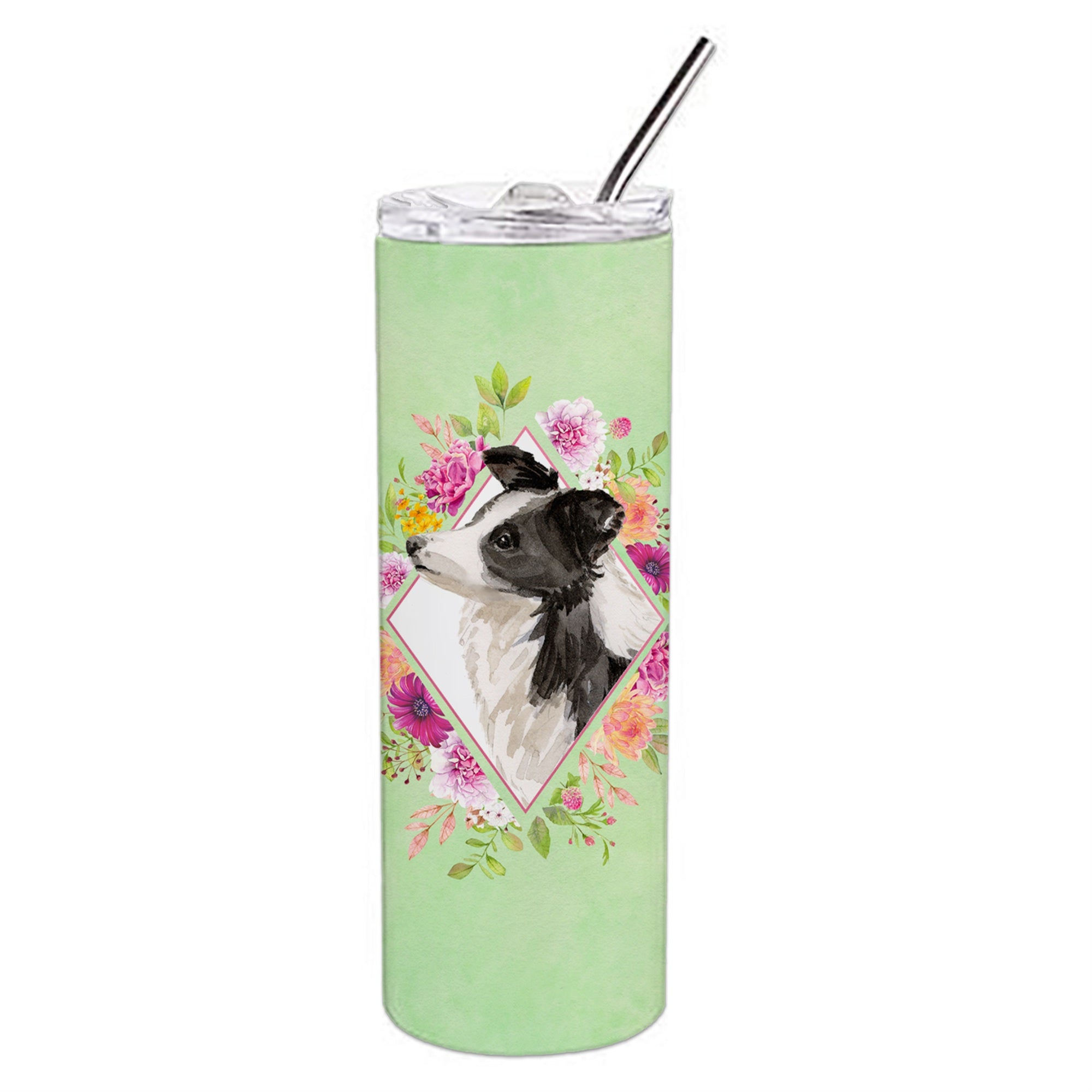 Caroline'S Treasures Border Collie Green Flowers Double Walled Stainless Steel 20 Oz Skinny Travel-Insulated-Tumblers, Multico