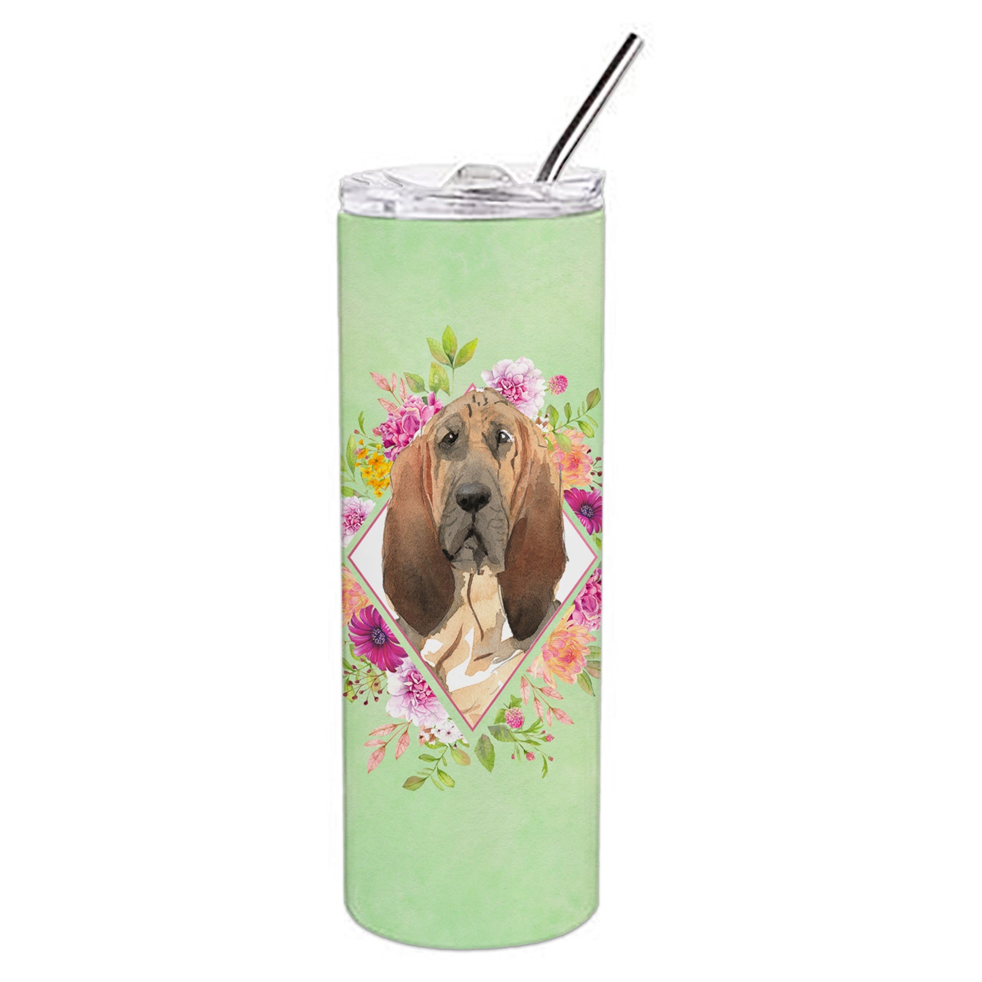Caroline'S Treasures Bloodhound Green Flowers Double Walled Stainless Steel 20 Oz Skinny Travel-Insulated-Tumblers, Multicolor