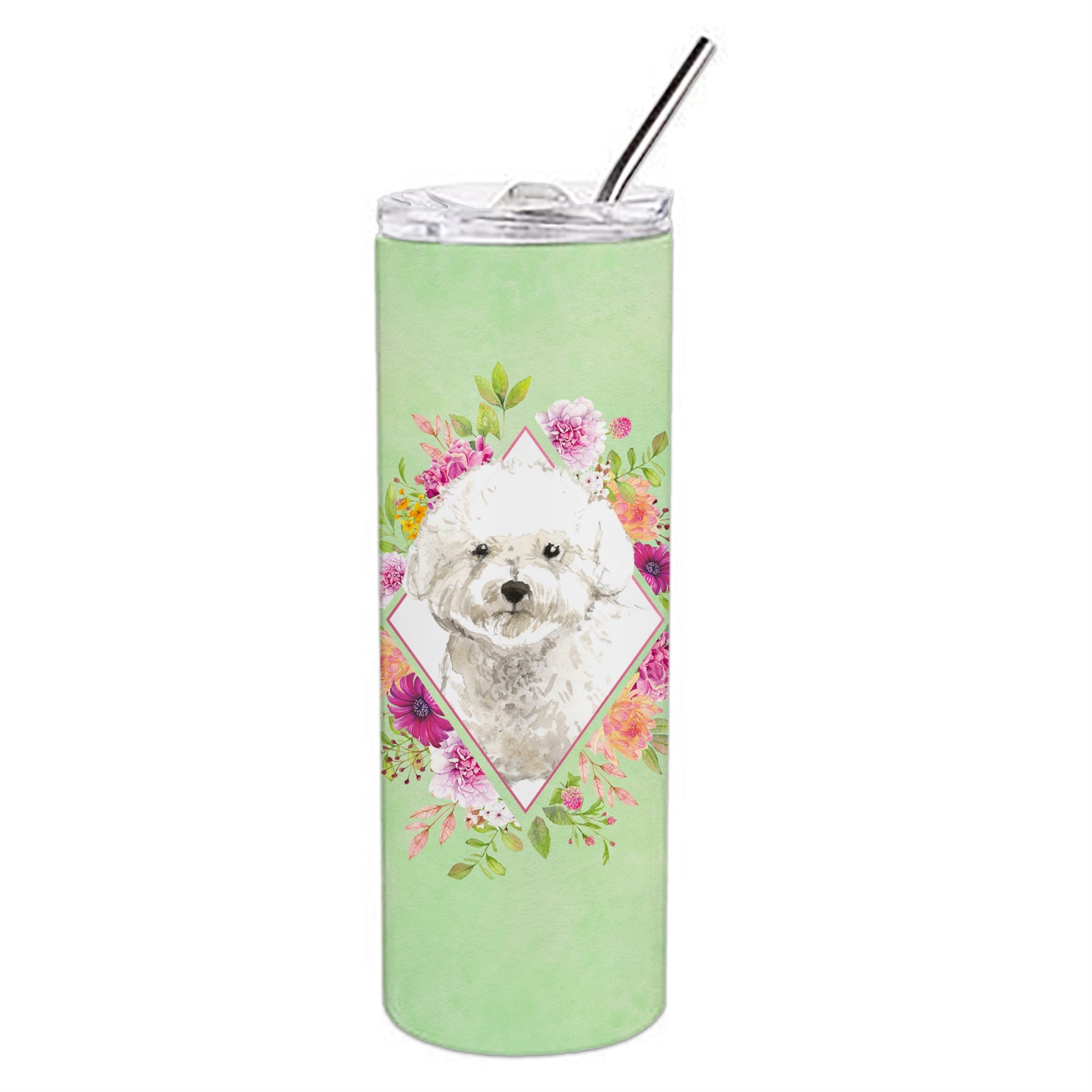 Caroline'S Treasures Bichon Frise Green Flowers Double Walled Stainless Steel 20 Oz Skinny Travel-Insulated-Tumblers, Multicol