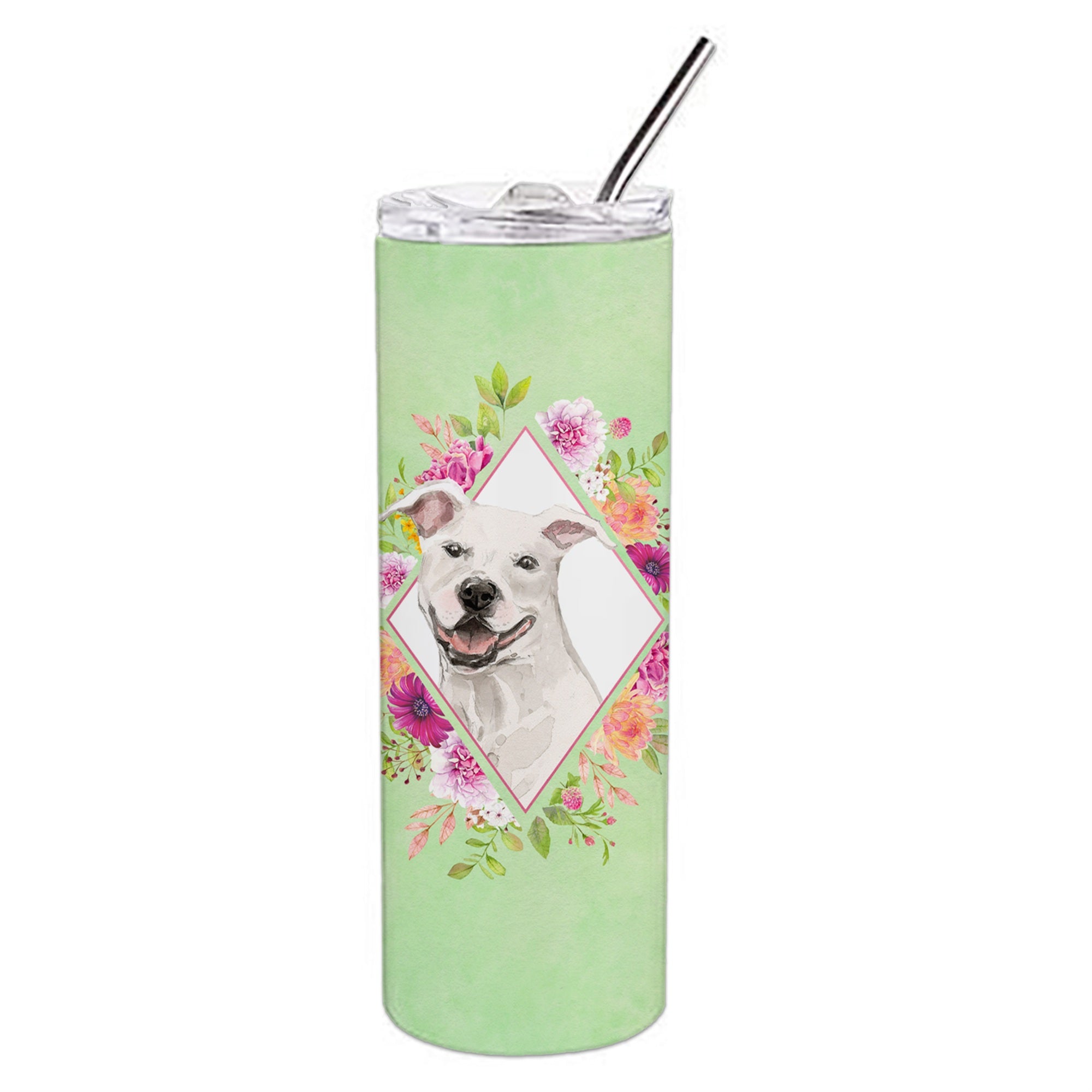 Caroline'S Treasures White Pit Bull Terrier Green Flowers Stainless Steel 20 Oz Skinny Travel-Insulated-Tumblers, Multicolor