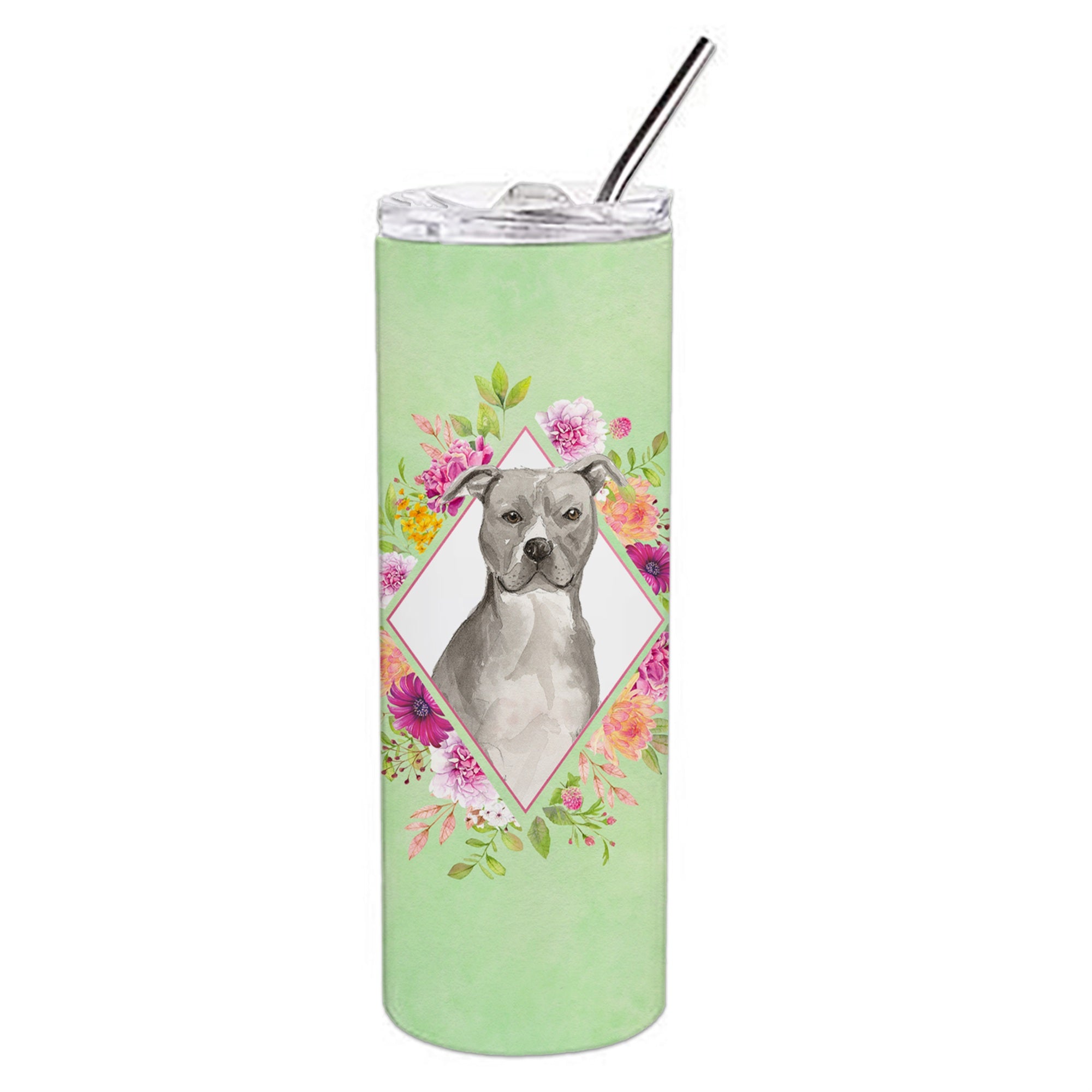 Caroline'S Treasures Blue Pit Bull Terrier Green Flowers Stainless Steel 20 Oz Skinny Travel-Insulated-Tumblers, Multicolor