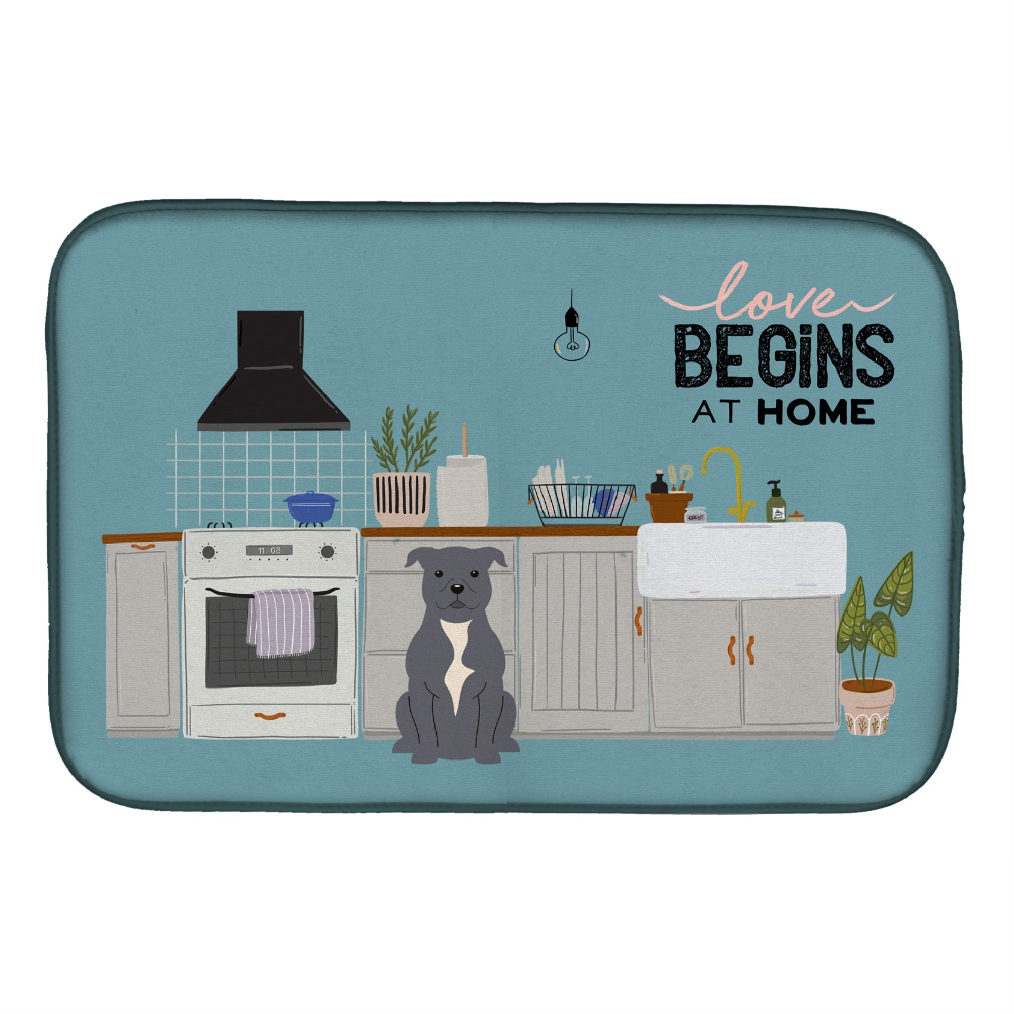 Caroline'S Treasures Blue Staffordshire Bull Terrier Kitchen Scene Dish-Drying-Mats, 14 X 21, Multicolor