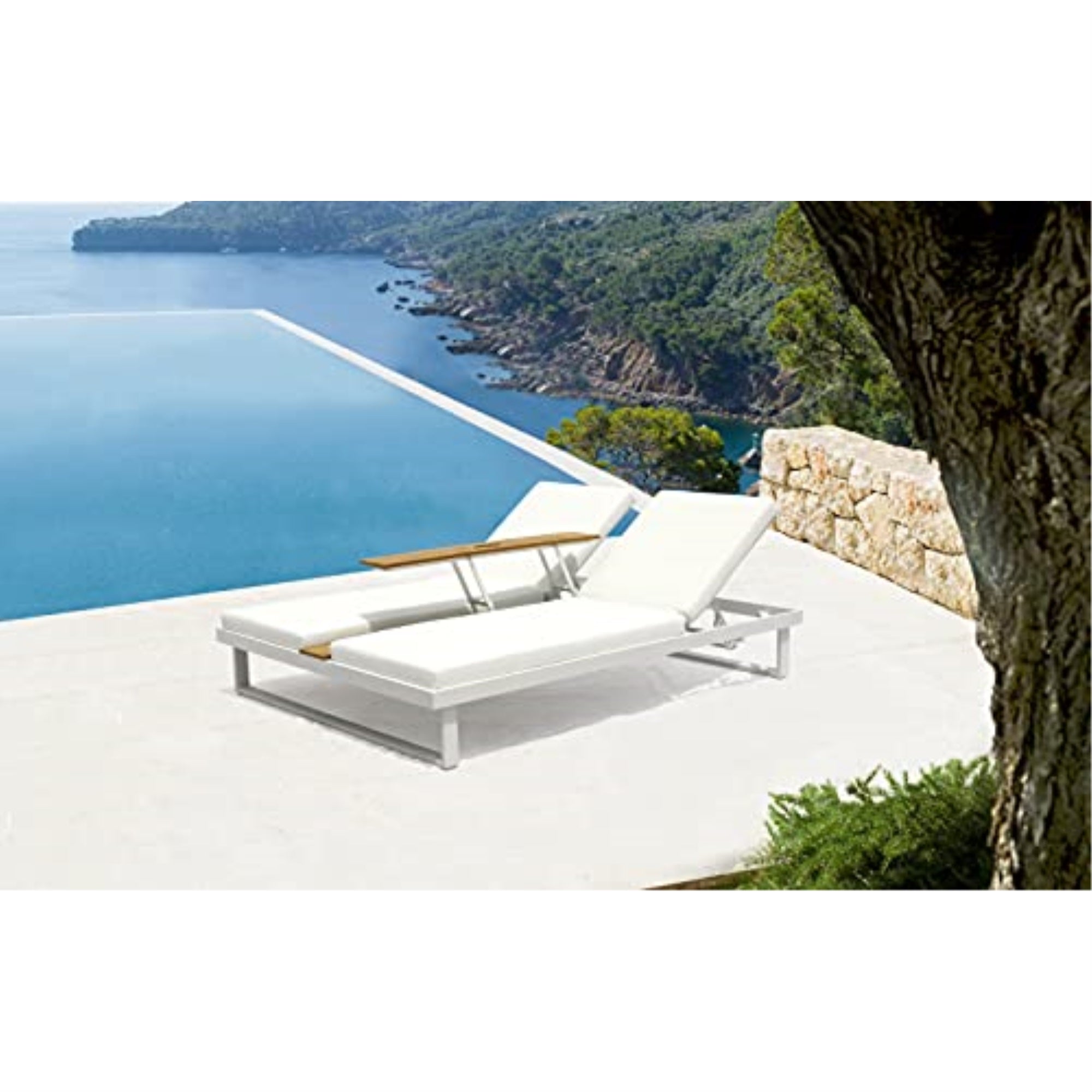 Sandy Double Lounge Chair with Middle Table in White, Waterproof Fabric