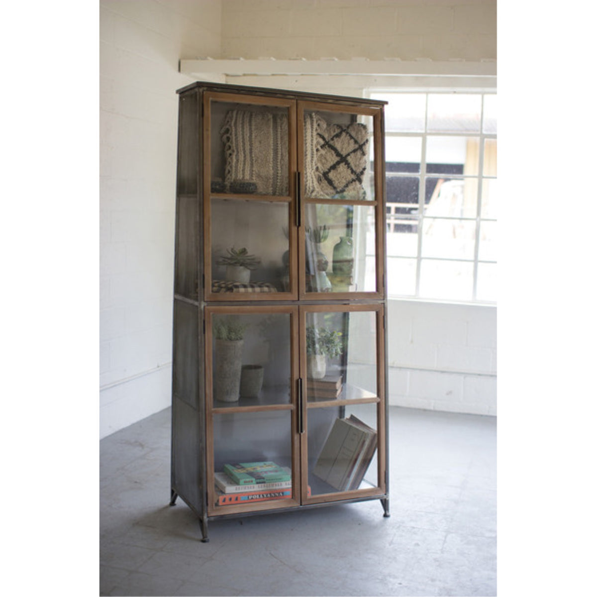 Metal & Wood Slanted Display Cabinet W Glass Doors