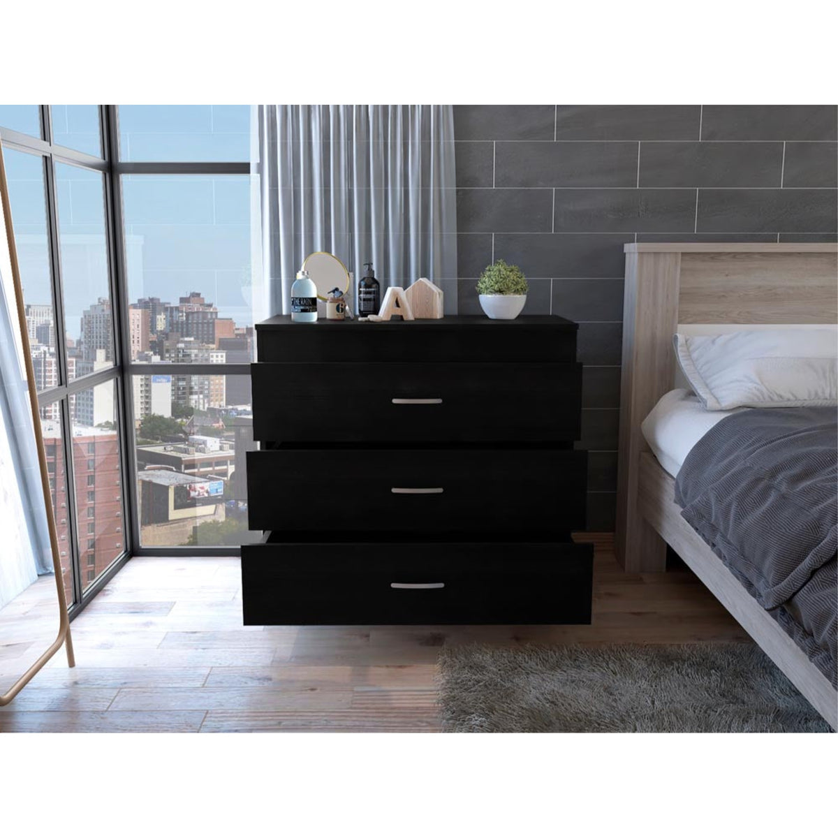 Tuhome Melia Three Drawer Dresser, Countertop, Metal Hardware, Three Drawers-Black, For Bedroom