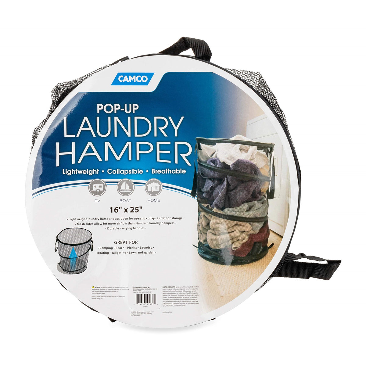 Camco Pop Collapsible Mesh Hamper Basket With Handles-Easy To Store And Clean, Perfect For Travel, Dorms, And More, Minimizes Moisture Caused Laundry Odors-Black (51977)