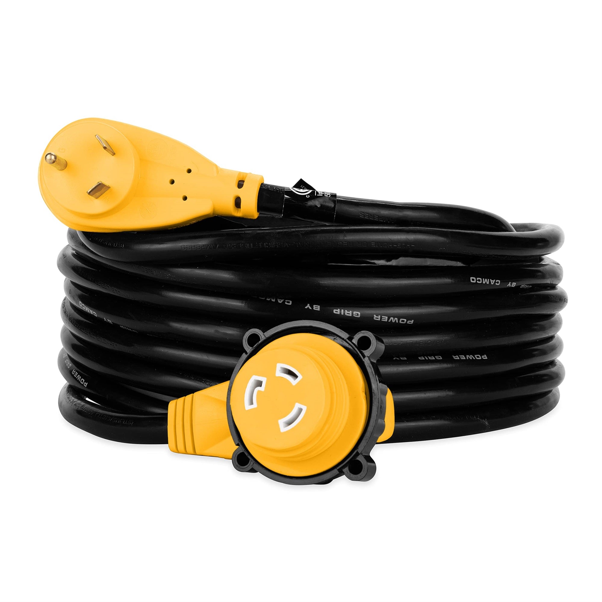 Camco Power Grip 25-Ft 30 Amp Rv Extension Cord W/90 Locking End - Rated For 125V / 3,750W - Features Threaded Locking Ring For Weatherproof Connection & 10-Gauge Copper Wire (55524)