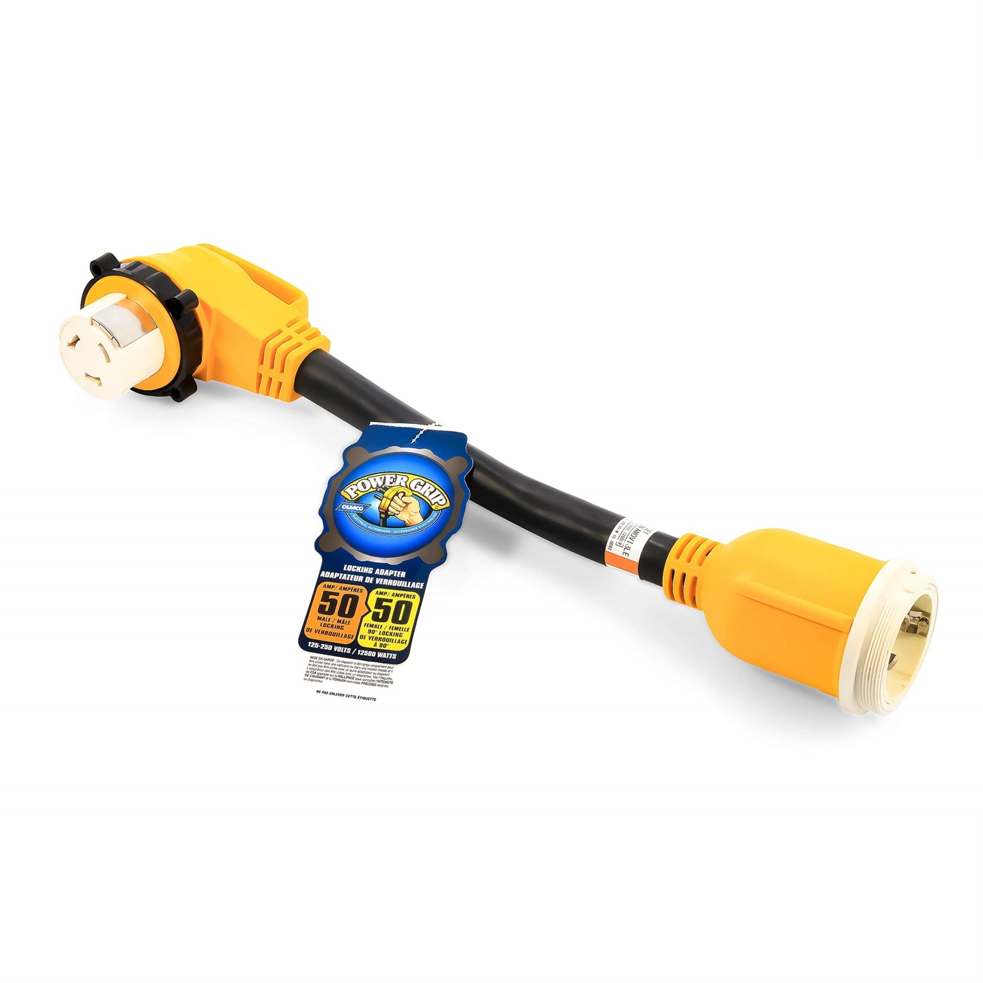 Camco Power Grip 18' Dogbone Extension Cord Adapter With 50-Amp Power Locking Male And 50-Amp 90-Degree Locking Female Ends For Electrical Connection
