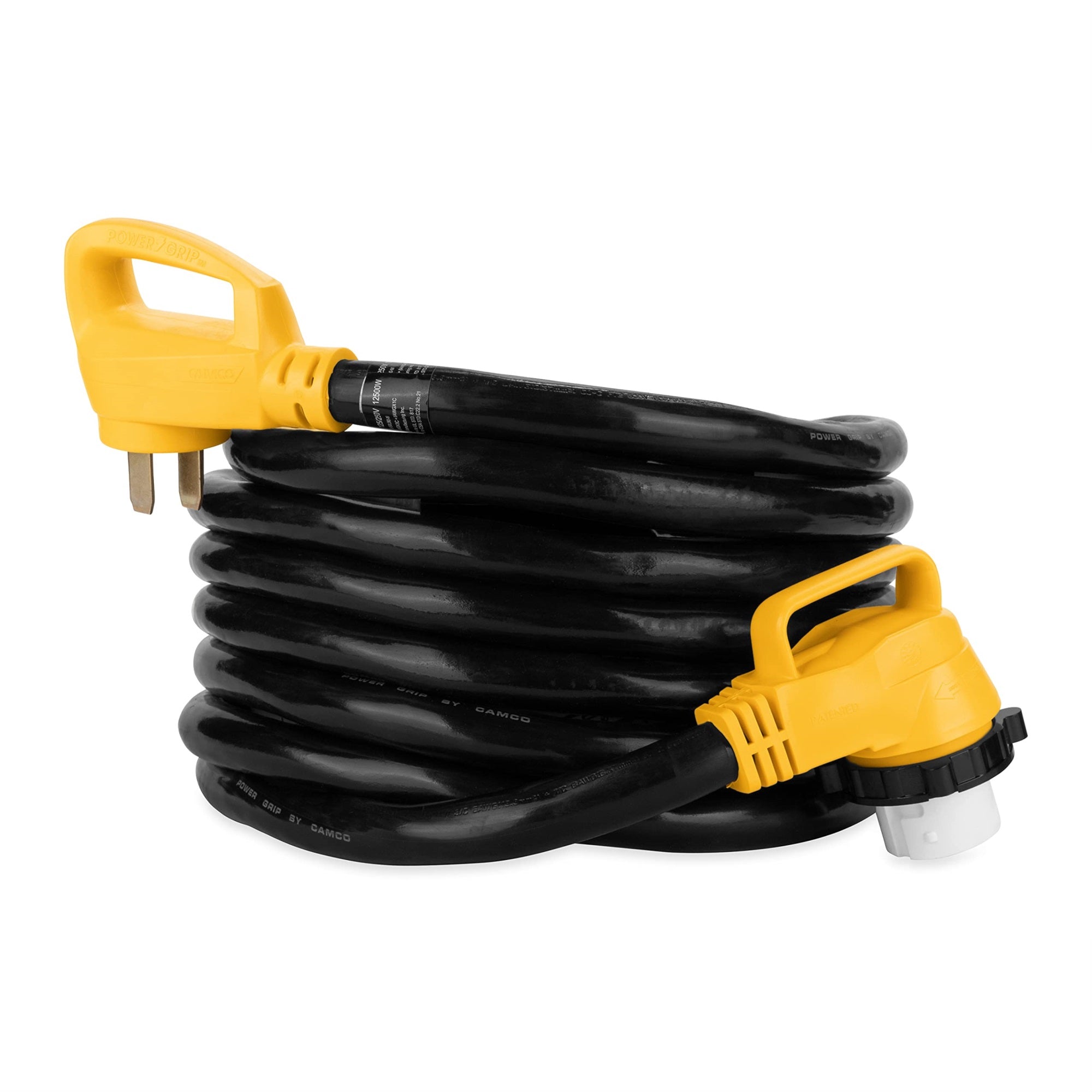 Camco Power Grip 25-Ft 50 Amp Rv Extension Cord W/90 Locking End - Rated For 125/250V & 12,500W - Features Threaded Locking Ring For Weatherproof Connection & Coated W/Heat-Resilient Pvc (55574)