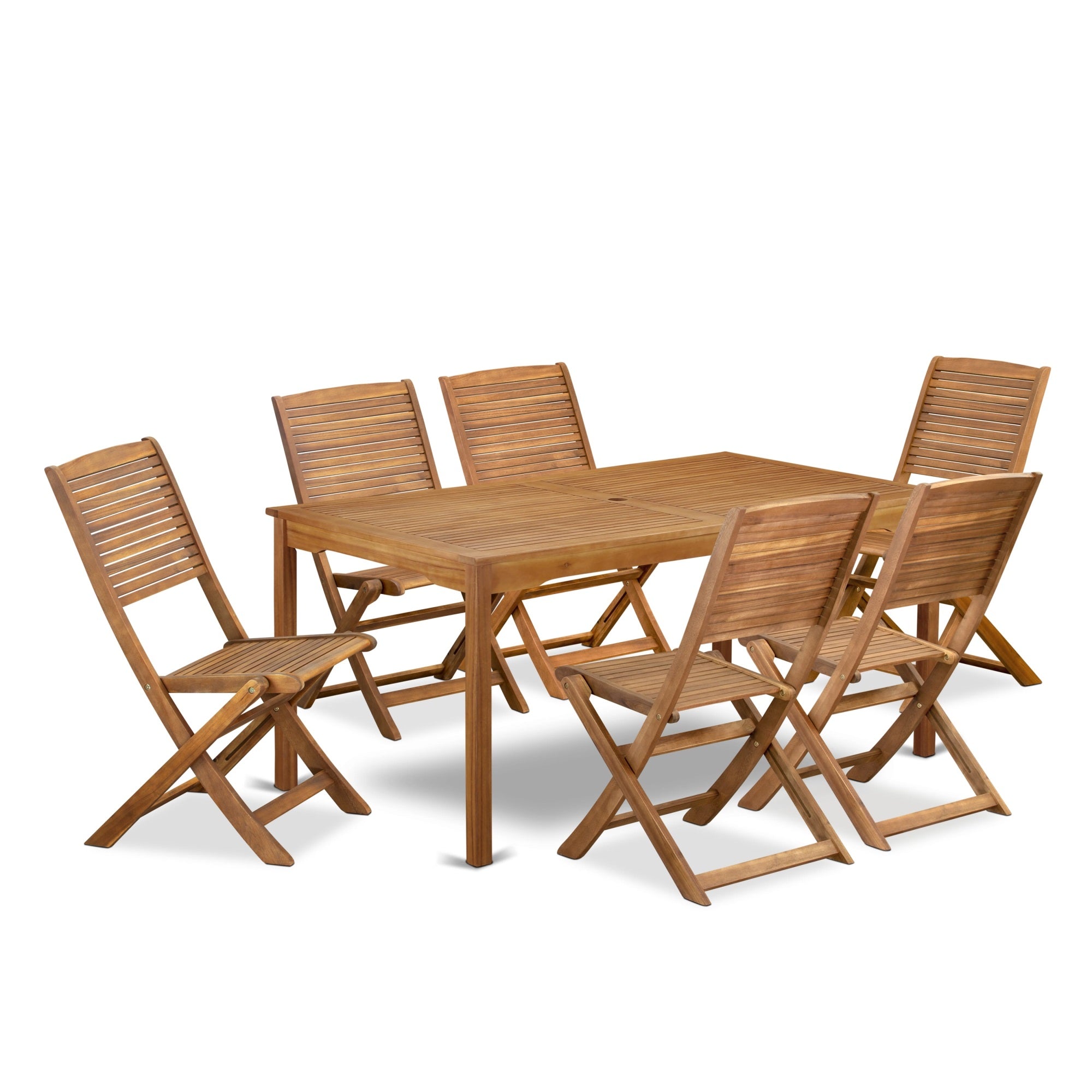 East West Furniture Cmfm7Cwna 7 Piece Patio Dining Set Consist Of A Rectangle Outdoor Acacia Wood Table And 6 Folding Side Chairs, 36X66 Inch, Natural Oil