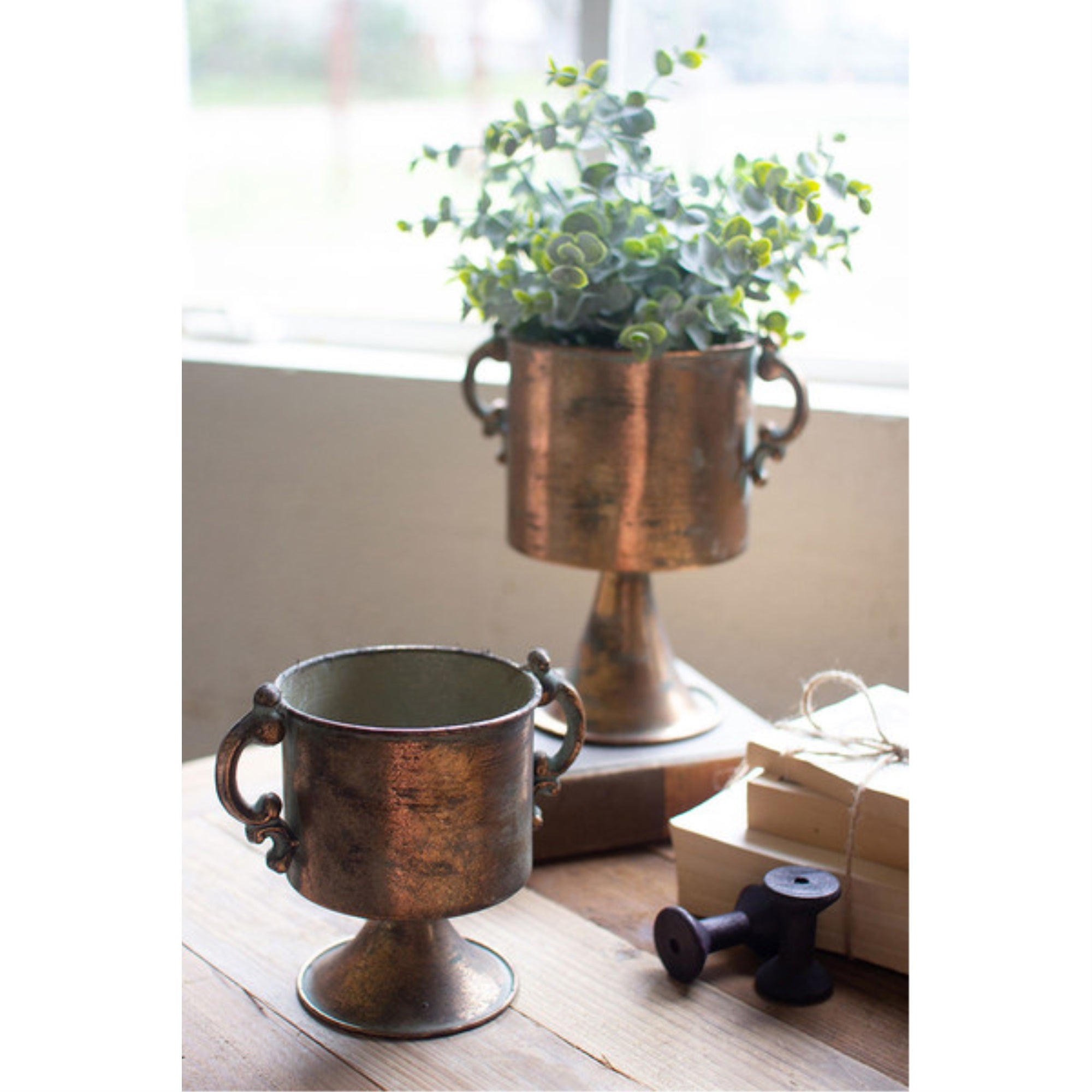 Set Of Two Antique Copper Finish Planters With Handles