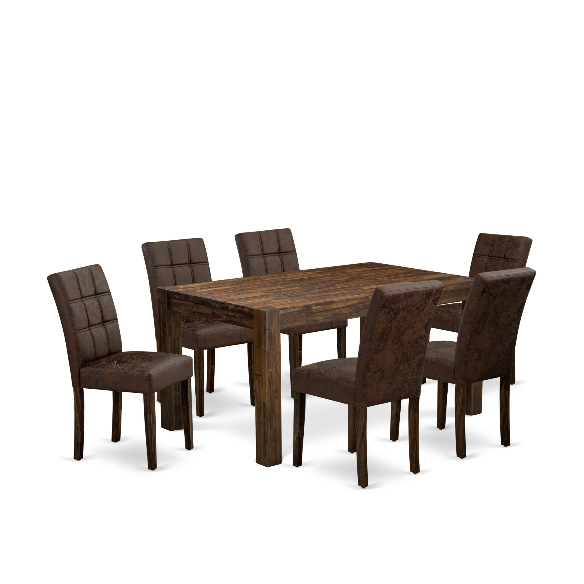 East West Furniture Cnas7-07-T25 7 Piece Dining Table Set Contain A Dinning Table And 6 Black Textured Faux Leather Mid Century Modern Dining Chairs, Distressed Jacobean