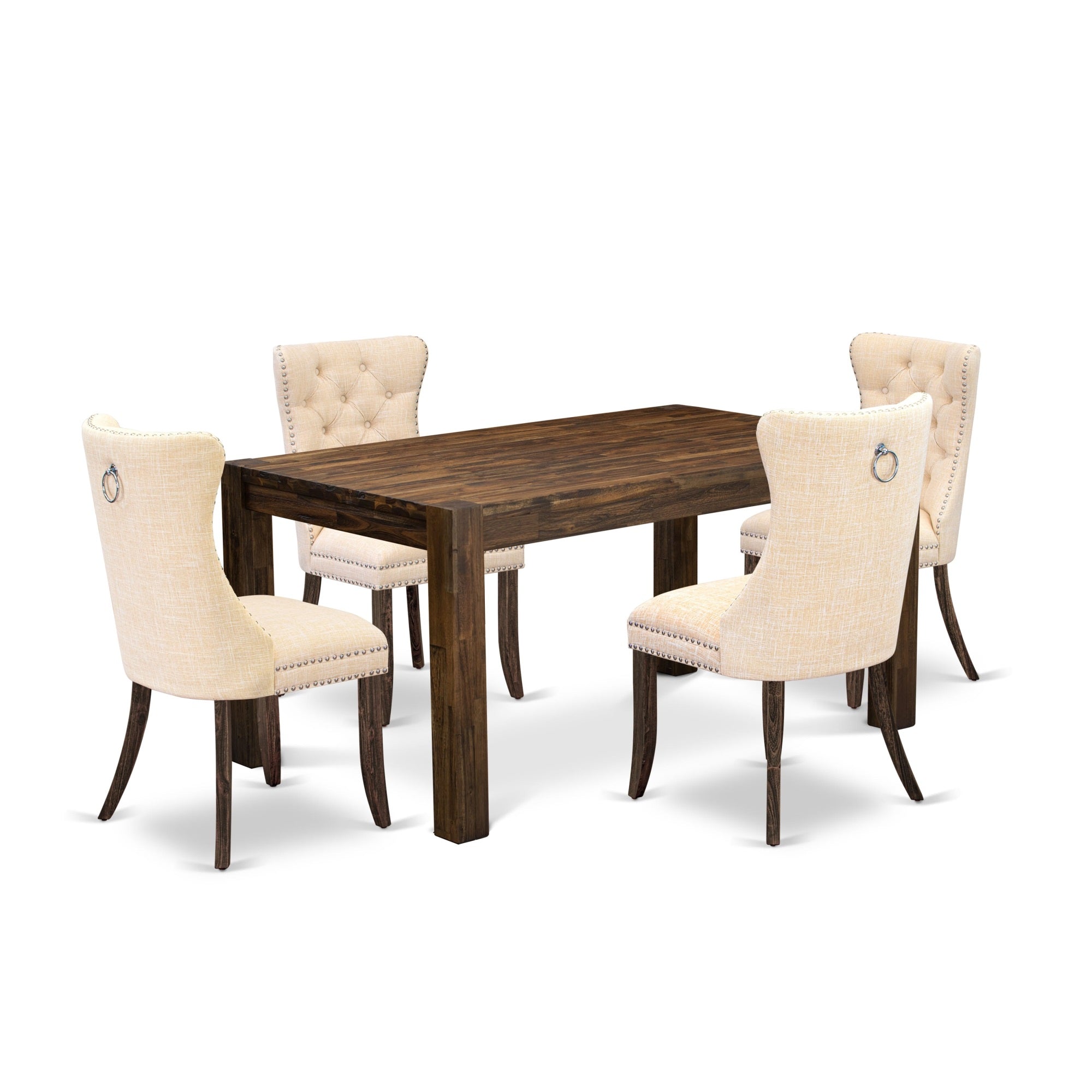 East West Furniture Cnda5-07-T32 5 Piece Kitchen Table Set Includes A Rectangle Rustic Wood Dining Table And 4 Upholstered Chairs, 36X60 Inch, Distressed Jacobean