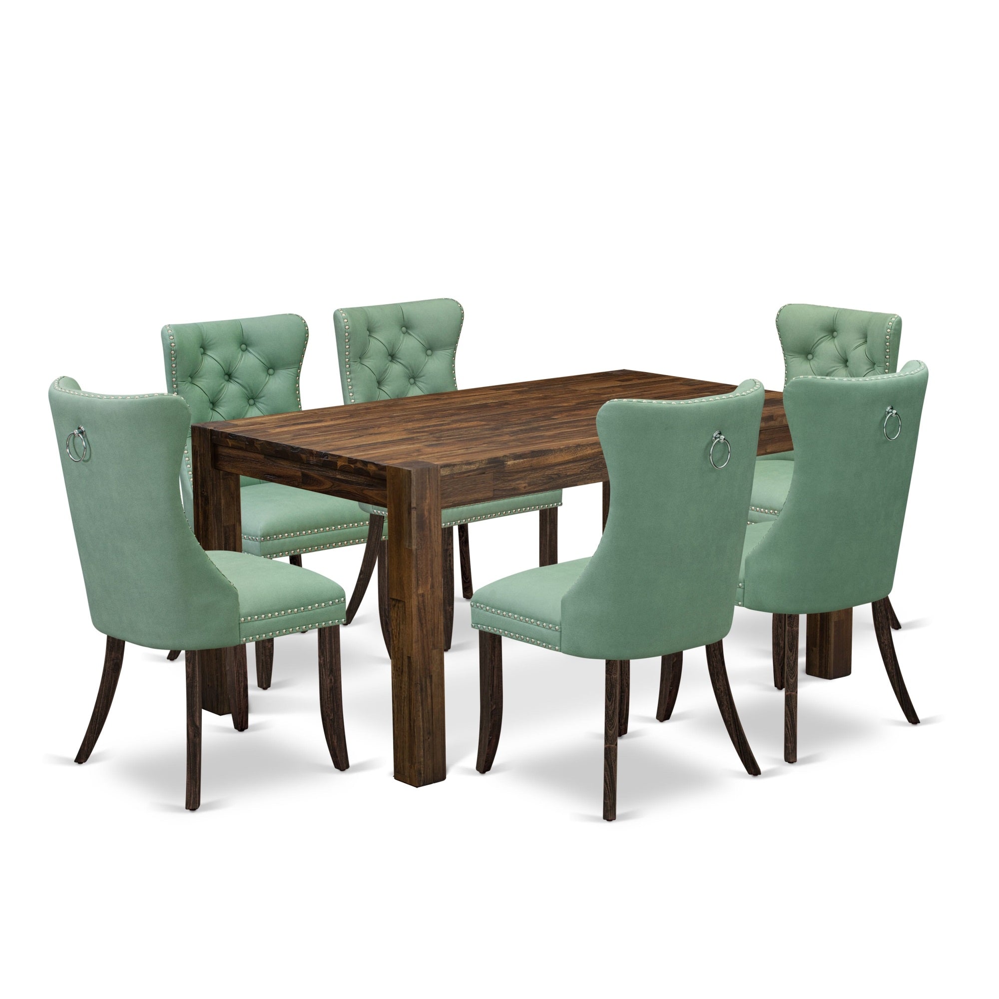 East West Furniture Cnda7-07-T22 7 Piece Dining Table Set Includes A Rectangle Rustic Wood Kitchen Table And 6 Upholstered Chairs, 36X60 Inch, Distressed Jacobean