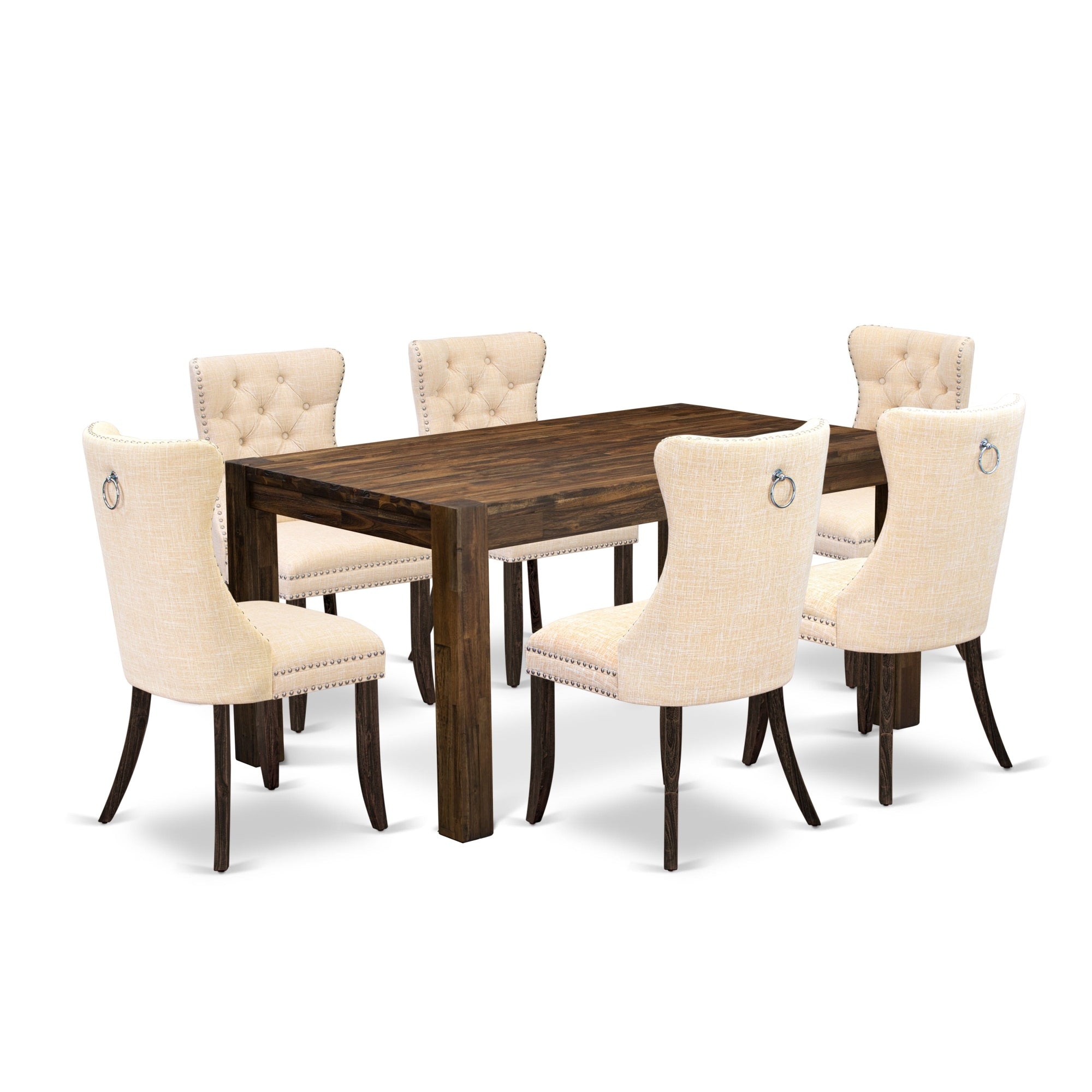 East West Furniture Cnda7-07-T32 7 Piece Dining Room Set Includes A Rectangle Rustic Wood Kitchen Table And 6 Padded Chairs, 36X60 Inch, Distressed Jacobean