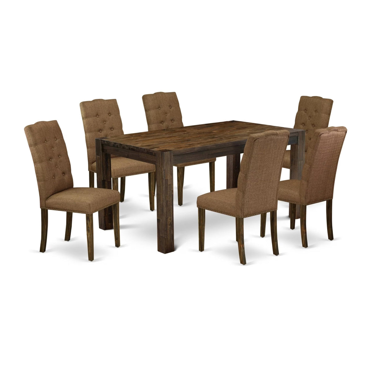 Casafoyer Cnel7-77-18 Celina 7 Piece Room Set Consist Of A Rectangle Rustic Wood Dining Table And 6 Brown Linen Fabric Upholstered Chairs, 36X60 Inch