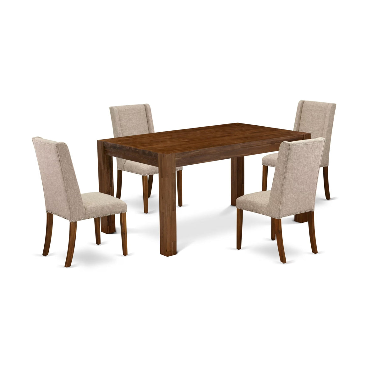 Casafoyer Celina 5 Piece Set Includes A Rectangle Rustic Wood Dining Room Table And 4 Light Tan Linen Fabric Upholstered Parson Chairs, 36X60 Inch, Natural