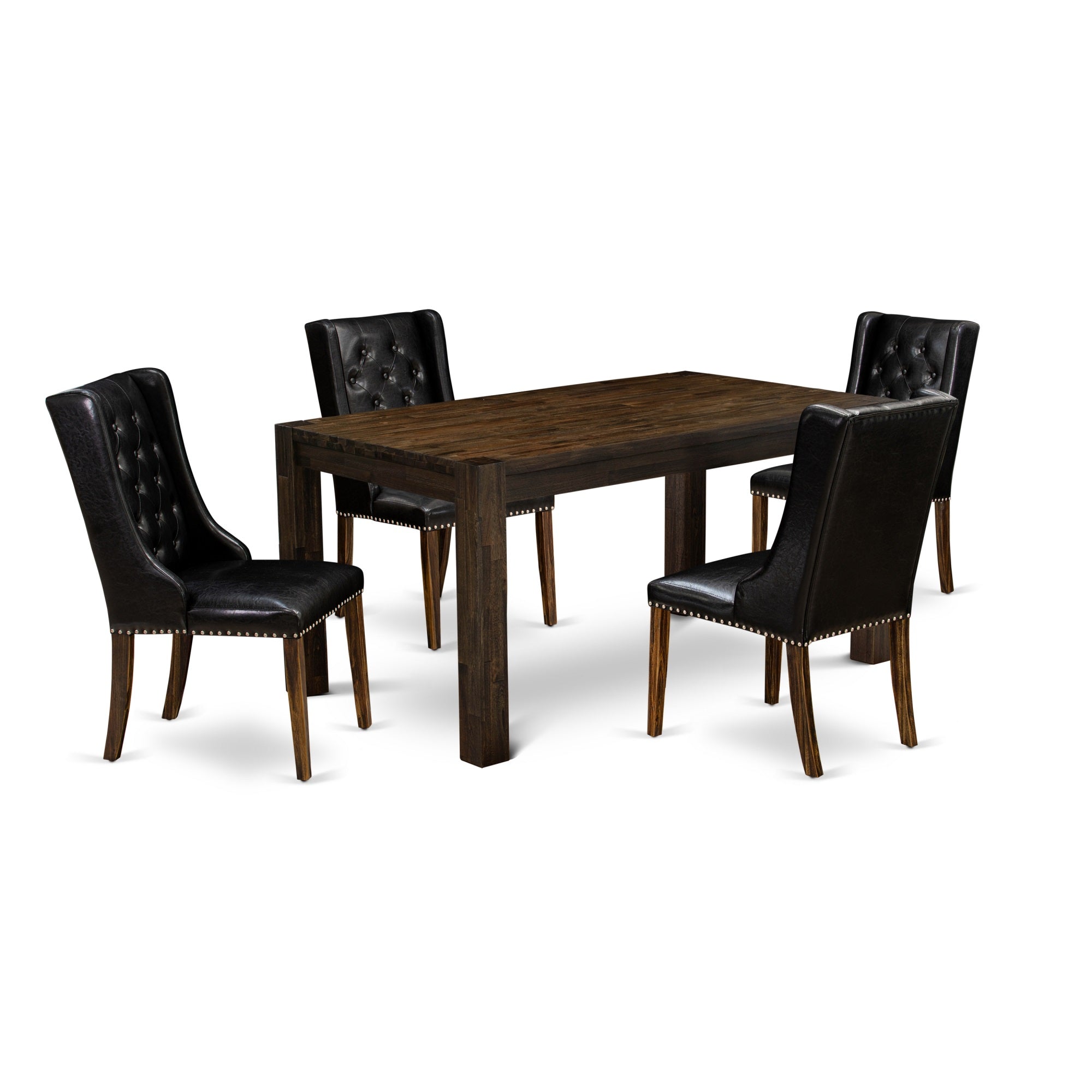 East West Furniture Cnfo5-77-49 5-Pc Kitchen Dining Room Set 4 Black Linen Fabric Dining Padded Chairs With Button Tufted Back And 1 Beautiful Rectangular Table - Distressed Jacobean Finish