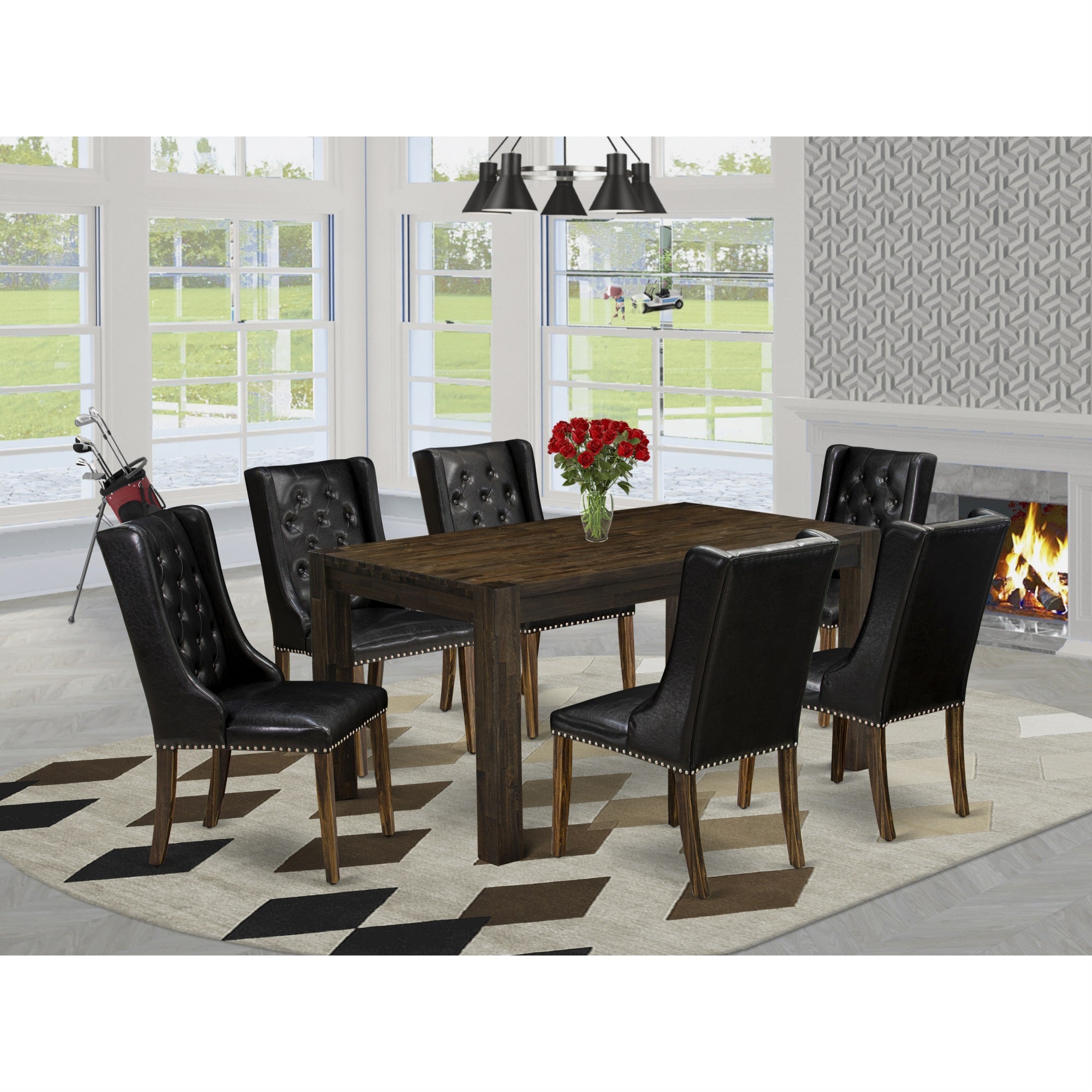 East West Furniture Cnfo7-77-49 7-Pc Kitchen Room Table Set 6 Black Linen Fabric Dining Chairs With Button Tufted And 1 Stunning Kitchen Table - Distressed Jacobean Finish