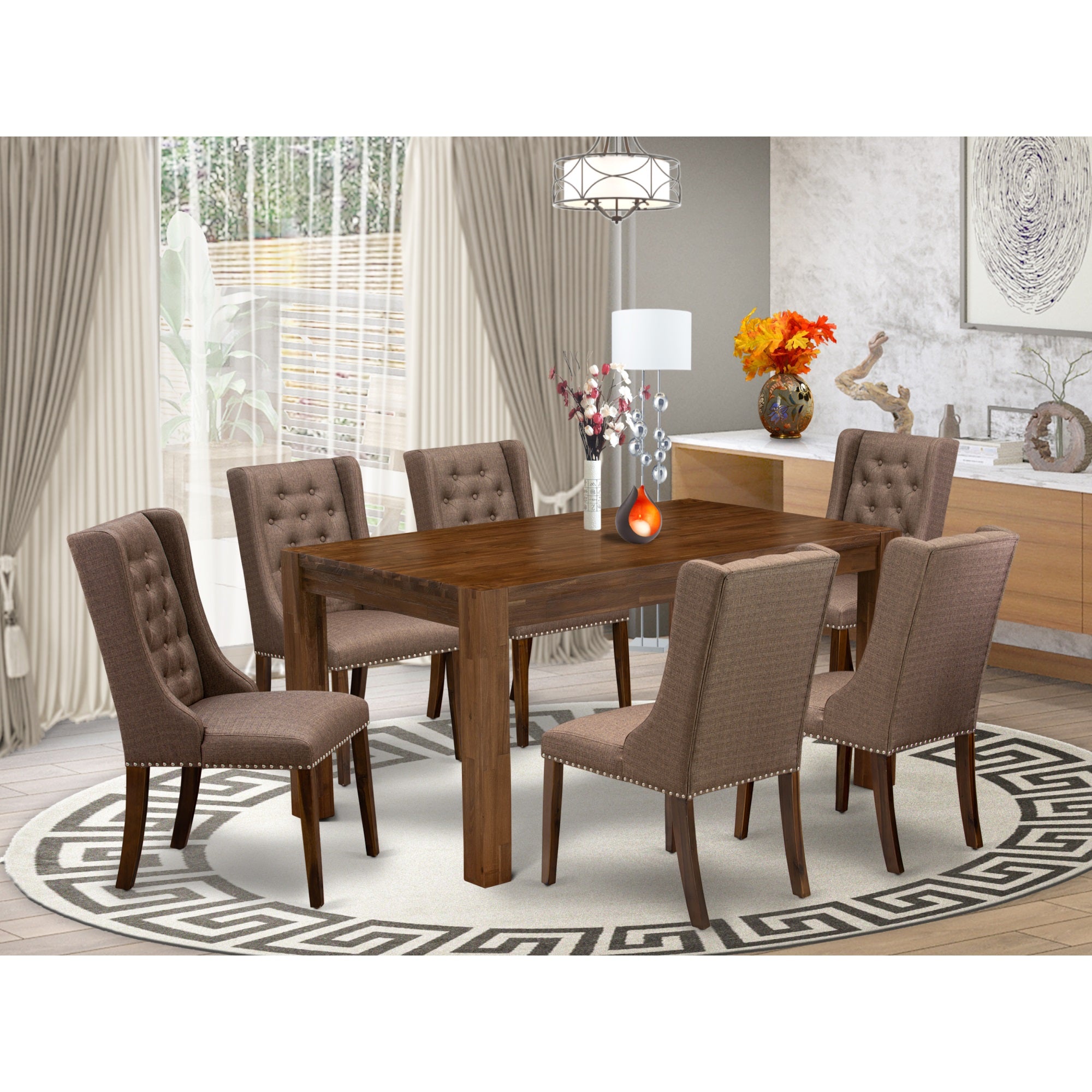 East West Furniture Cnfo7-N8-18 7-Pc Kitchen Dining Table Set 6 Brown Linen Fabric Upholstered Dining Chairs With Button Tufted Back And 1 Kitchen Dining Table - Antique Walnut Finish