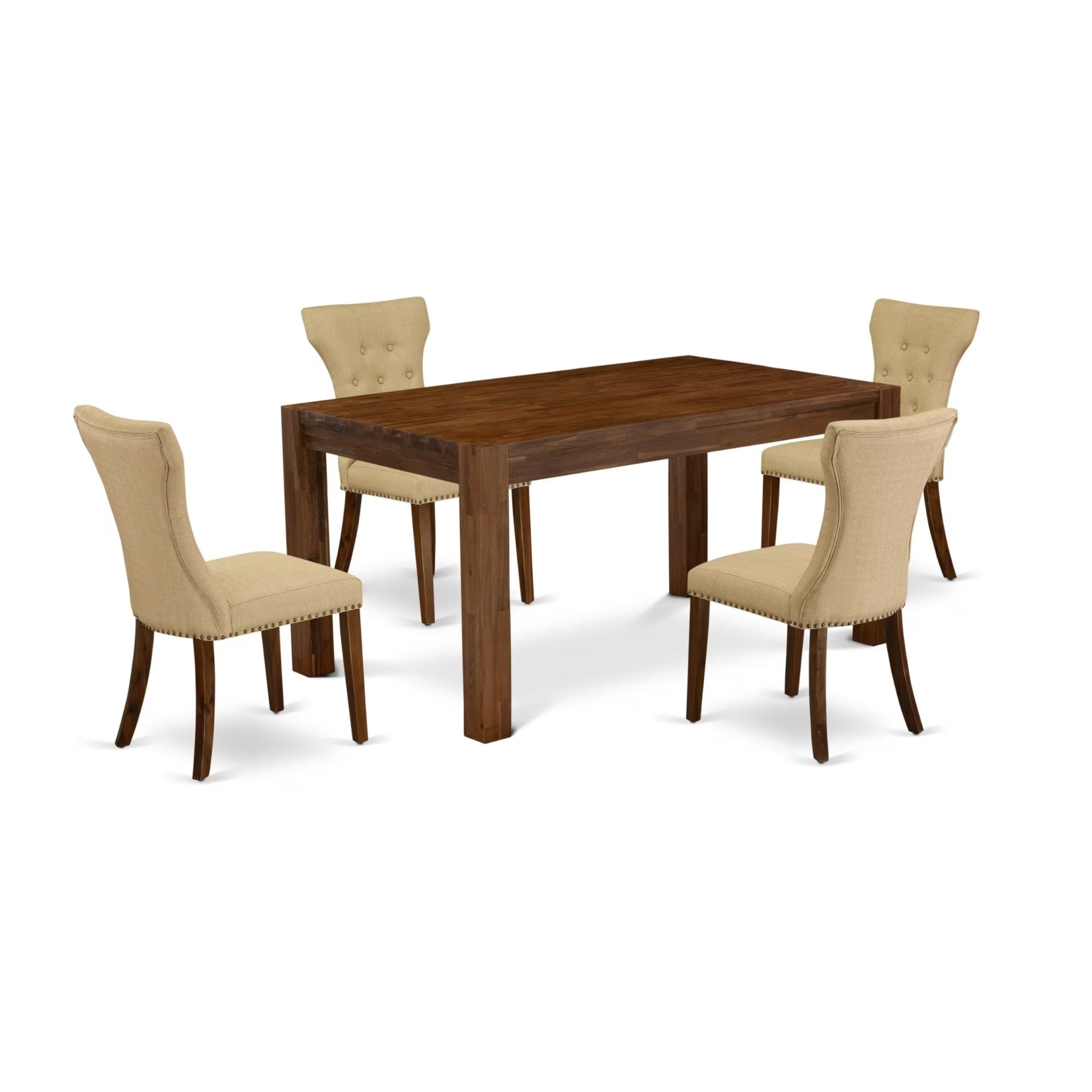 Casafoyer Cnga5-N8-03 5 Piece Modern Dining Table Set Includes A Rectangle Rustic Wood Wooden Table And 4 Brown Linen Fabric Upholstered Parson Chairs, 36X60 Inch, Natural