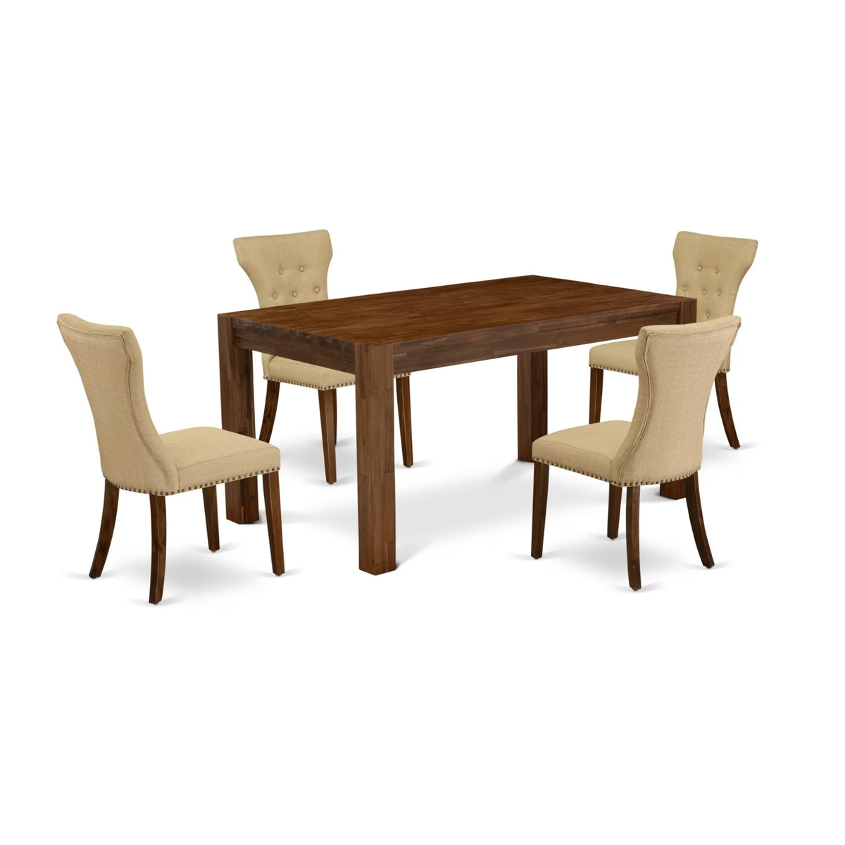 Casafoyer Cnga5-N8-03 5 Piece Modern Dining Table Set Includes A Rectangle Rustic Wood Wooden Table And 4 Brown Linen Fabric Upholstered Parson Chairs, 36X60 Inch, Natural