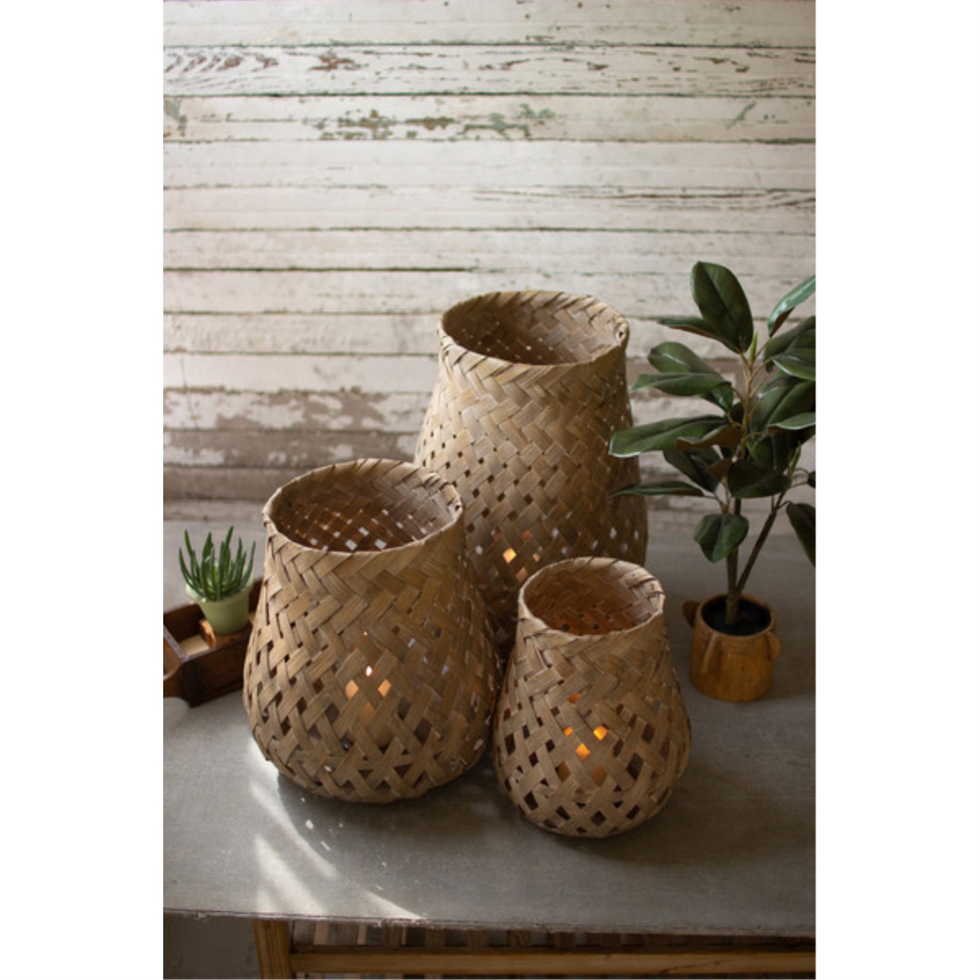 Set Of Three Woven Basket Lanterns With Glass