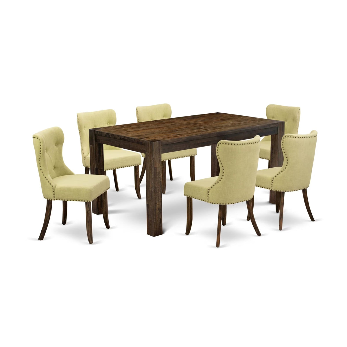 Casafoyer Cnsi7-77-37 7 Piece Dining Set Consist Of A Rectangle Rustic Wood Dining Room Table And 6 Limelight Linen Fabric Upholstered Parson Chairs, 36X60 Inch, Jacobean