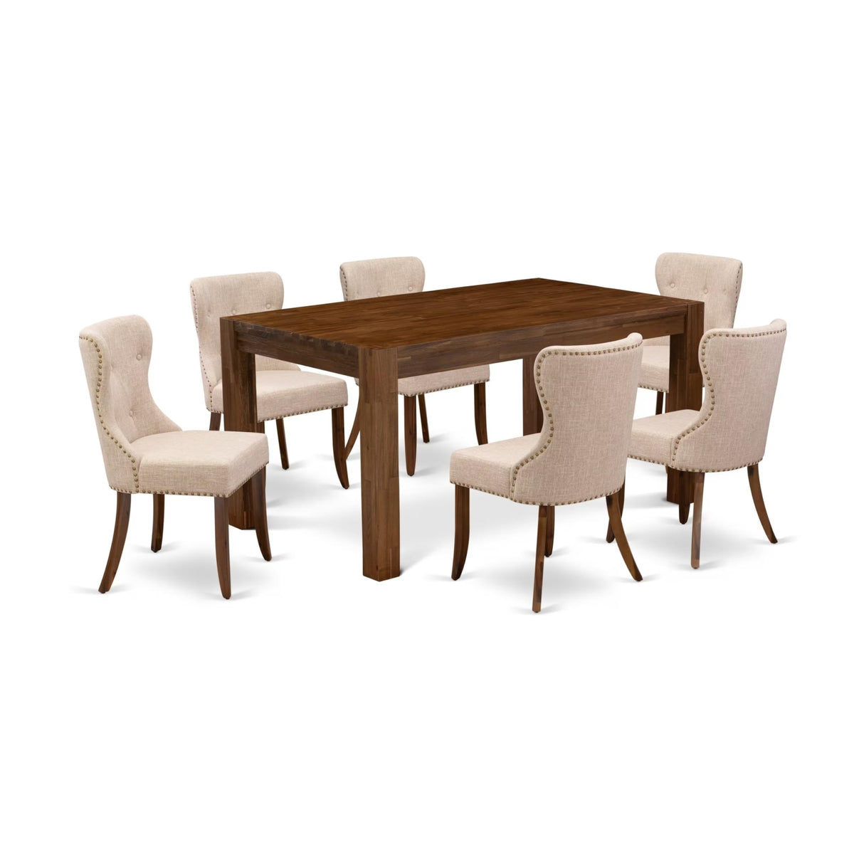 Casafoyer Cnsi7-N8-04 7 Piece Modern Dining Table Set Consist Of A Rectangle Rustic Wood Wooden Table And 6 Light Tan Linen Fabric Upholstered Chairs, 36X60 Inch, Natural