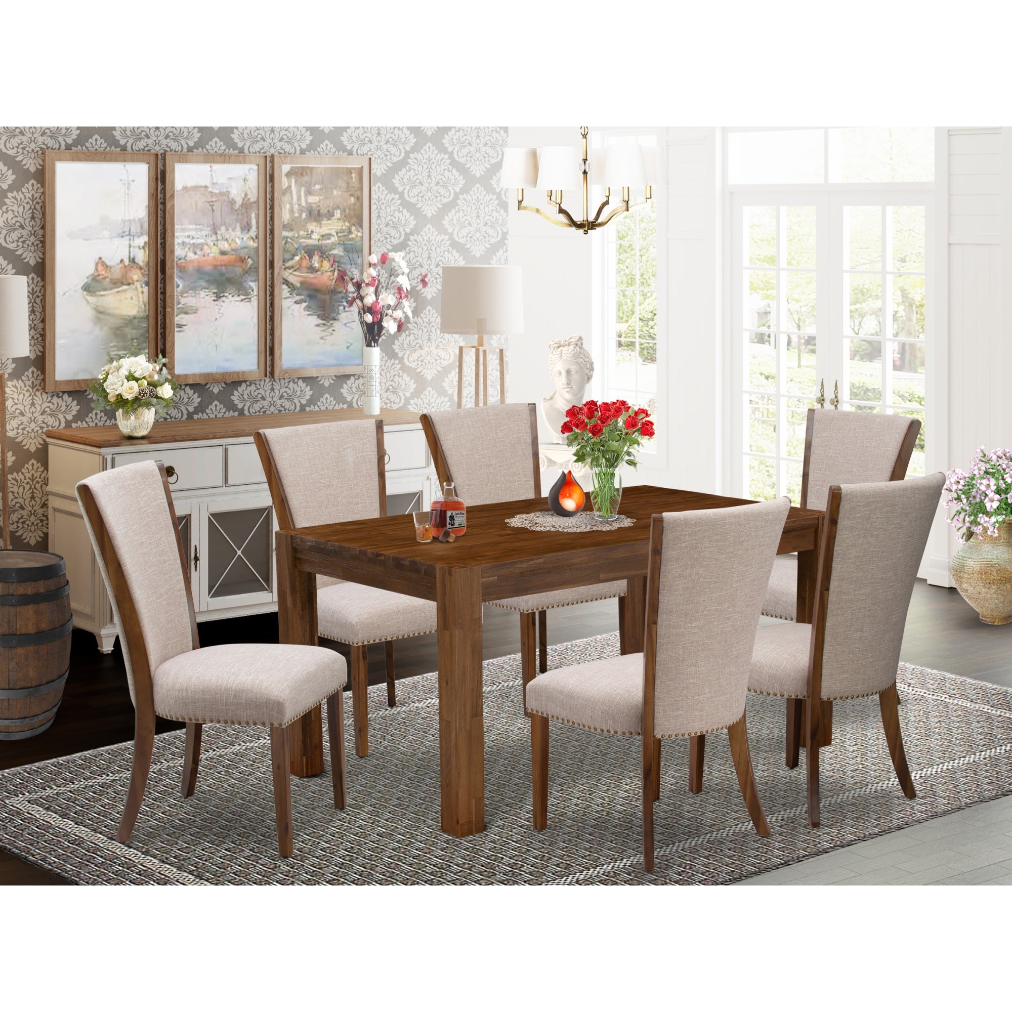 East West Furniture - Cnve7-N8-04 - 7-Pc Dining Room Table Set- 6 Parson Dining Chairs And Wood Dining Table - Light Tan Linen Fabric Seat And High Chair Back - Antique Walnut Finish