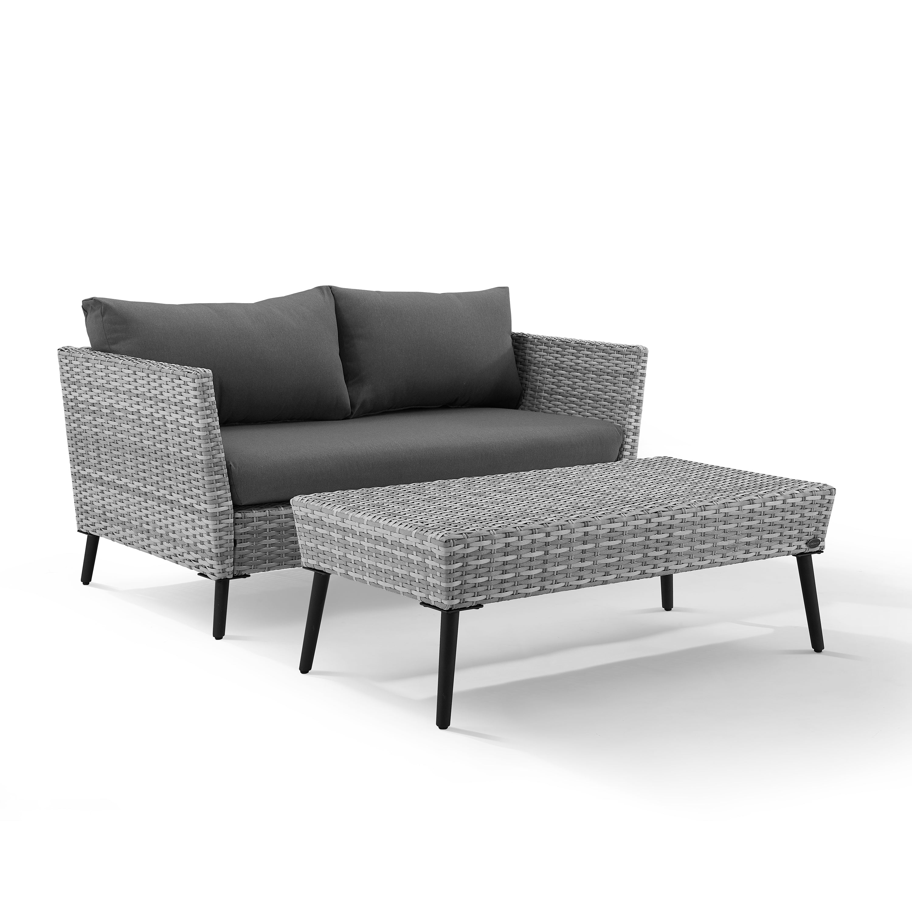 Richland Outdoor Loveseat And Coffee Table Set - Modern Design, All-Weather Wicker, Grey Cushions - Ergodebrands