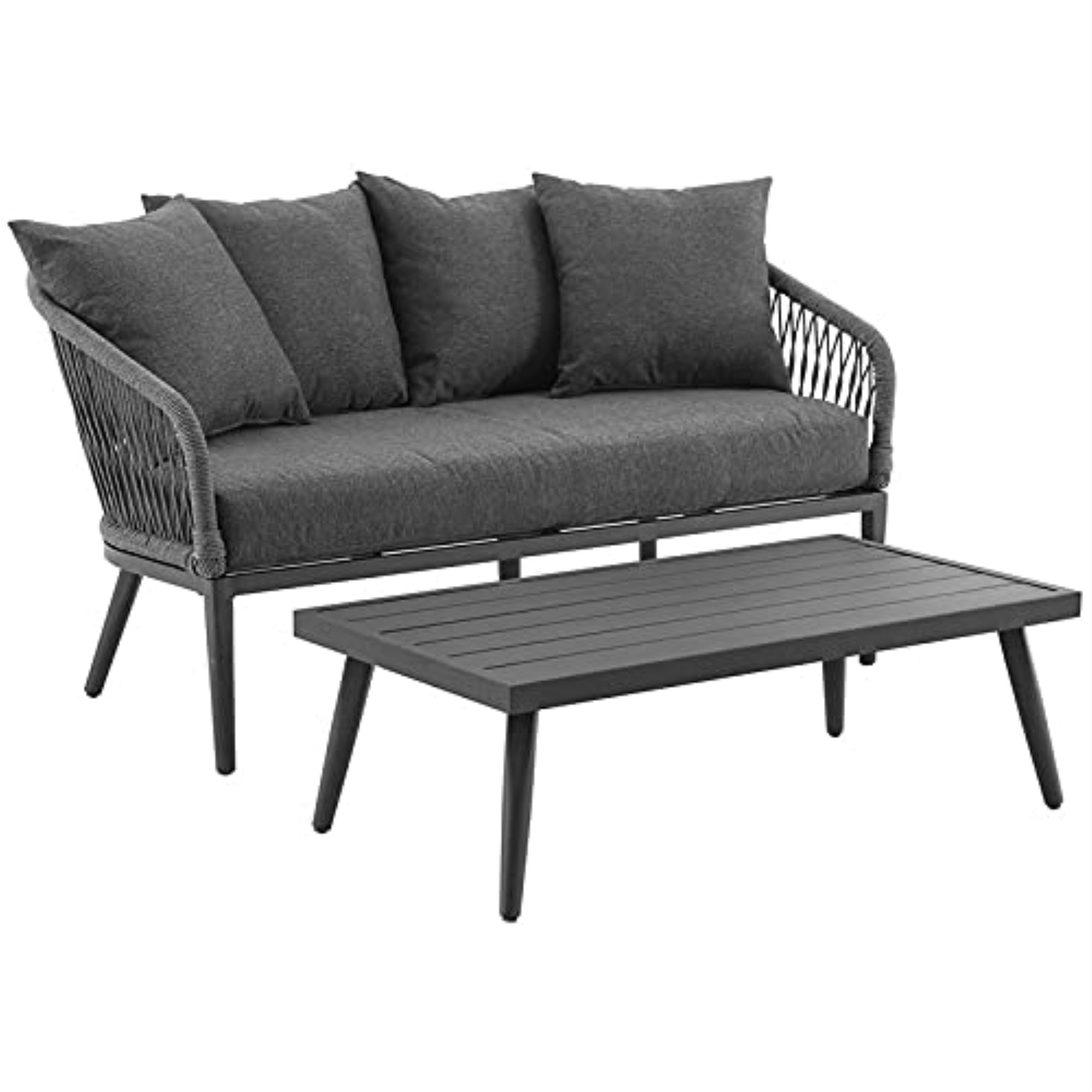 Ergode Dover 2Pc Outdoor Rope Conversation Set - Loveseat & Coffee Table, Charcoal/Matte Black, Modern Oasis