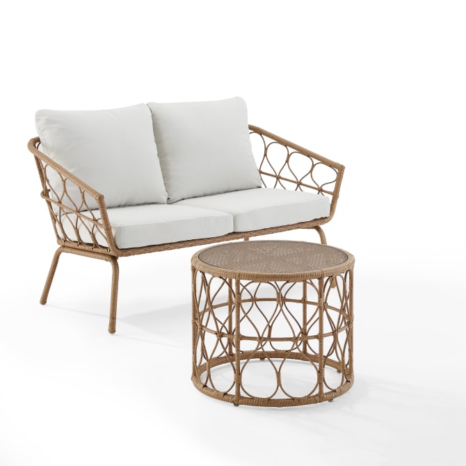 Ergode Juniper 2Pc Outdoor Wicker Conversation Set - Loveseat & Coffee Table, Bohemian Retreat Design, Creme/Natural Color, Resilient Wicker, Steel Frames