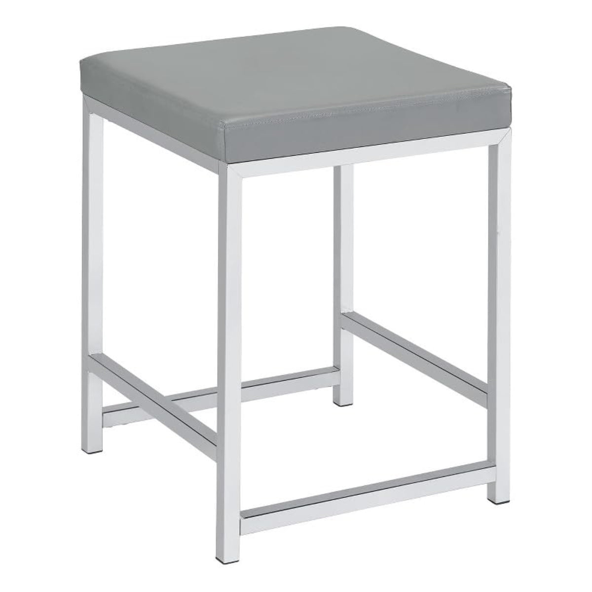 Casafoyer Umbridge Upholstered Square Padded Cushion Vanity Stool-Chic Contemporary Design, Densely Padded Foam-Filled Cushion, Gray Faux Leather, Backless, Chrome Finish-19' H X 14.75' W X 14.75' D