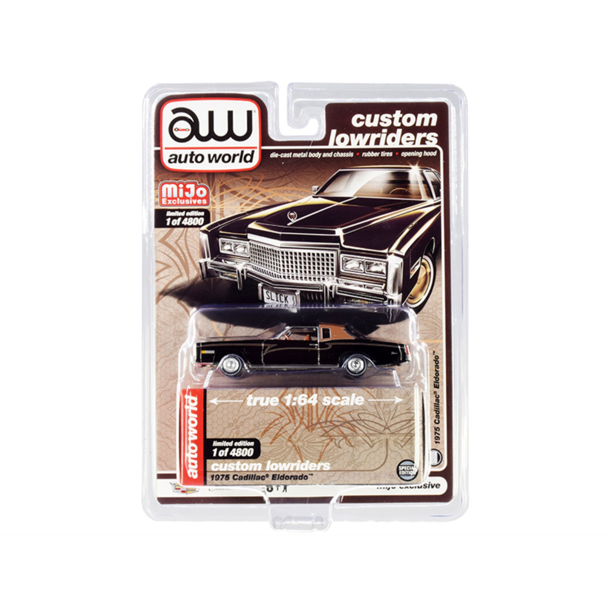 1975 Cadillac Eldorado Black With Brown (Partial) Vinyl Top 'Custom Lowriders' Limited Edition To 4800 Pieces Worldwide 1/64 Diecast Model Car By Autoworld