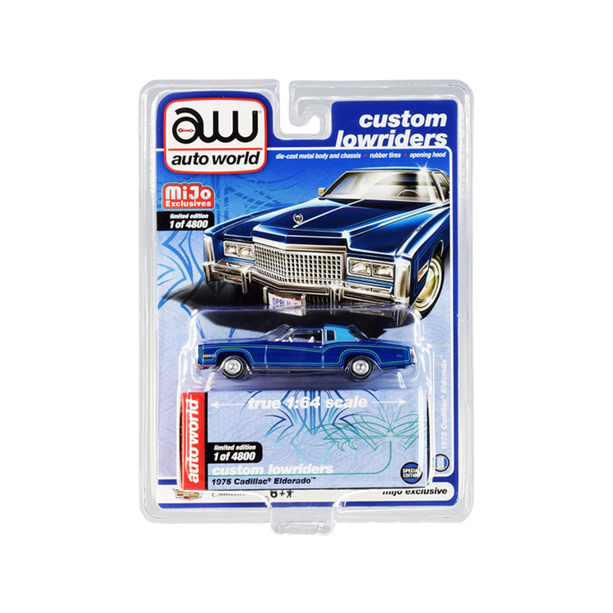 1975 Cadillac Eldorado Dark Blue Metallic With Light Blue (Partial) Vinyl Top 'Custom Lowriders' Limited Edition To 4800 Pieces Worldwide 1/64 Diecast Model Car By Autoworld