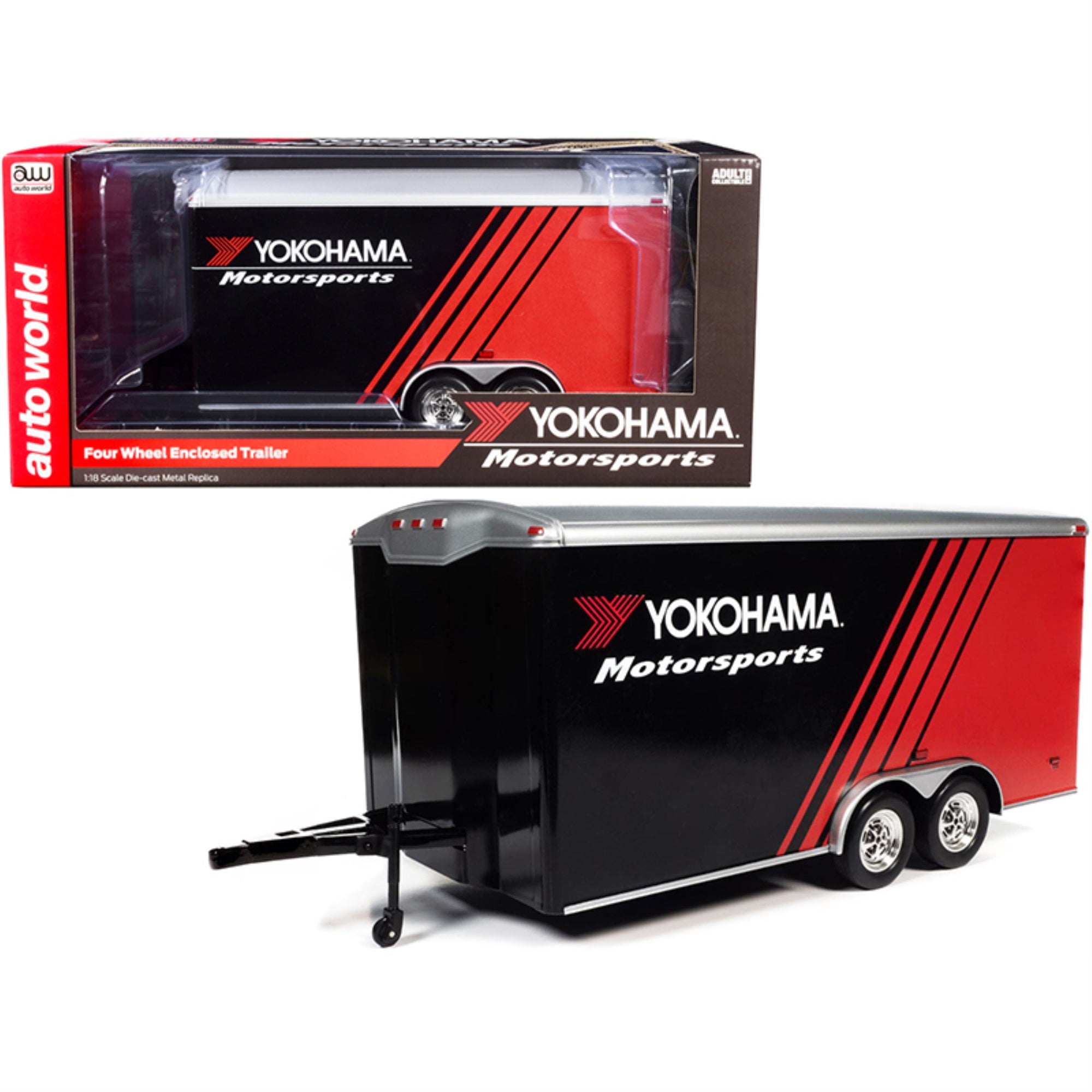 Four Wheel Enclosed Car Trailer “Yokohama Motorsports” Black and Red for 1/18 Scale Model Cars by Autoworld