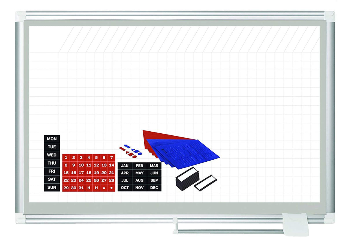 Magnetic Porcelain Dry-Erase Planning Board With Accessory Kit, General Format Grid, Aluminum Frame, 24 X 36