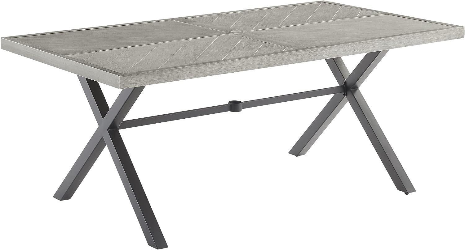 Otto Outdoor Dining Table - Faux Wood Grain Top, Rectangular Shape, Umbrella Hole - Seats 6 - Gray/Matte Black