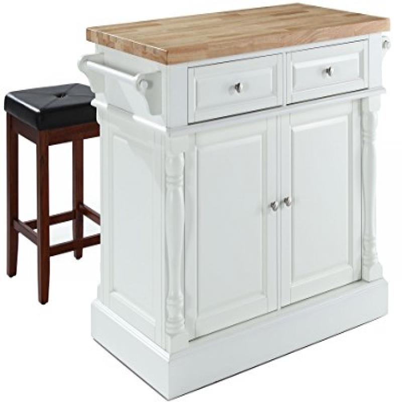 OXFORD BUTCHER BLOCK TOP KITCHEN ISLAND IN WHITE FINISH WITH 24??BLACK UPHOLSTERED SQUARE SEAT STOOLS