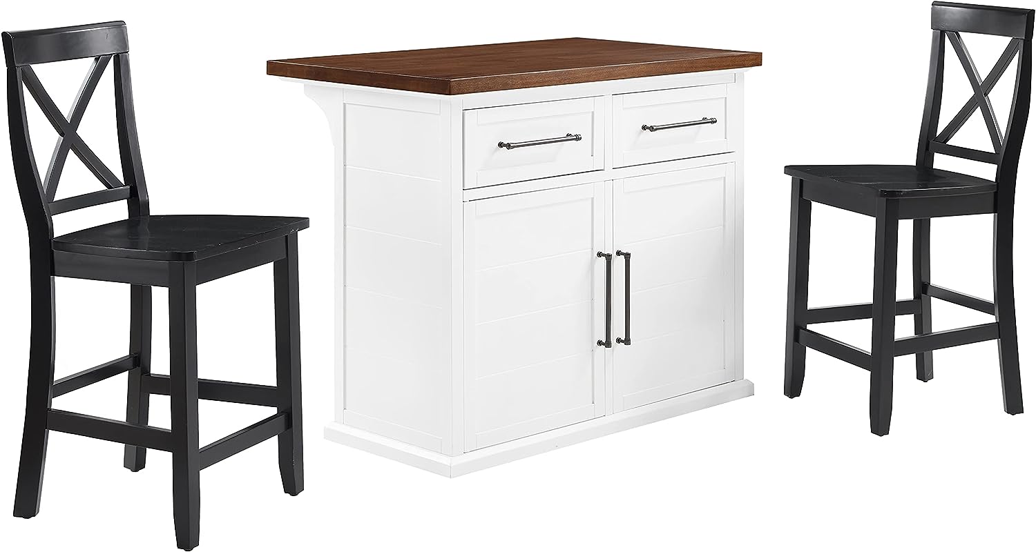 Bartlett Wood Top Kitchen Island W, X-Back Stools White, Black - Kitchen Island & 2 Stools