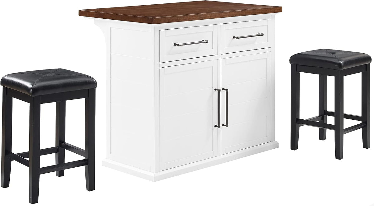Bartlett Wood Top Kitchen Island W, Uph Square Stools White, Black - Kitchen Island & 2 Stools